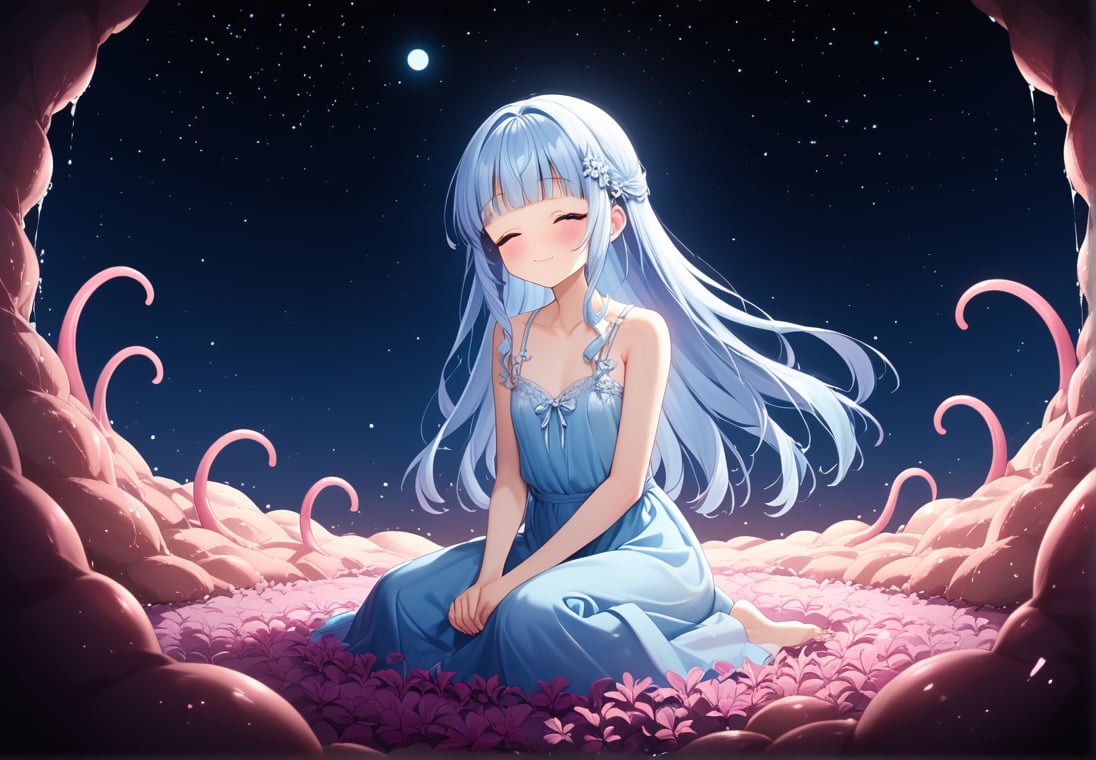 masterpiece, best quality, extremely detailed, (illustration, official art:1.1), 1 girl ,(((( light blue long hair)))), ,(((( light blue long hair)))),light blue hair, , long hair ((blush)) , cute face, big eyes, masterpiece, best quality,(((((a very delicate and beautiful girl))))),Amazing,beautiful detailed eyes,blunt bangs((((little delicate girl)))),tareme(true beautiful:1.2), sense of depth,dynamic angle,,,, affectionate smile, (true beautiful:1.2),,(tiny 1girl model:1.2),)(flat chest) ,A breathtaking scene unfolds as the moonlight casts a luminous glow on a deserted beach, painting the sky with a tapestry of twinkling stars. At the center of this ethereal moment, A young woman with long hair cascades sits in deep meditation. Its tranquil presence evokes a sense of inner peace and serenity amidst the vastness of the empty coast. The girl's silhouette stands out against the backdrop of darkness, his serene expression bathed in soft moonlight. Long pink tentacles of cascade down the back, intertwined with the gentle sea breeze that caresses his face. Your closed eyes indicate a deep connection to the universe, as if his own thoughts harmonized with the whispers of the ocean waves.((big moon )))