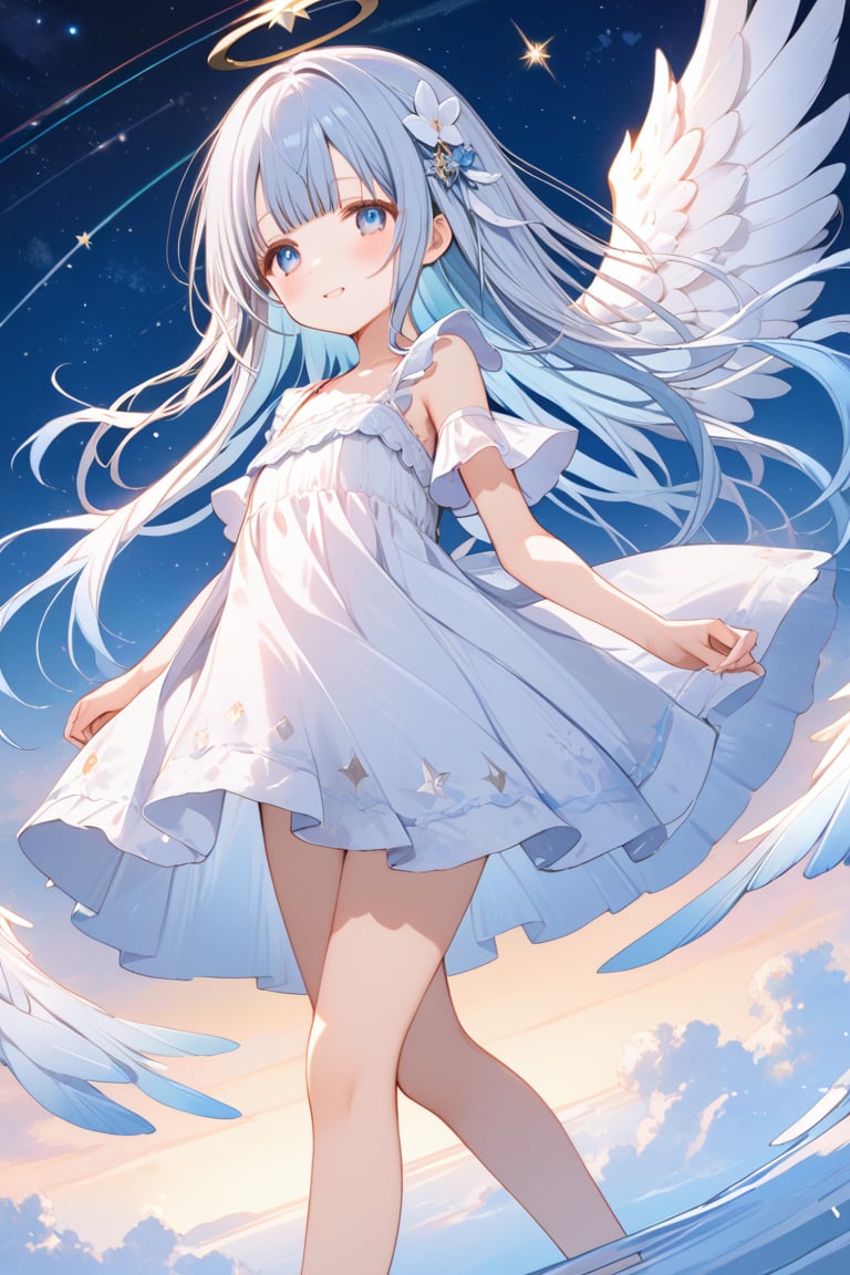 masterpiece, best quality, extremely detailed, (illustration, official art: 1.1), 1 girl, (((light blue long hair))), ((blush)), cute face, big Eyes, masterpiece, best quality, (((a very delicate and beautiful girl))))), amazing, beautiful detailed eyes, blunt bangs ((((little delicate girl))), ((tareme))), droopy eyes. (true beautiful: 1.2), sense of depth, affectionate smile, (true beautiful: 1.2), (tiny 1girl model: 1.2),) (flat chest),(best quality:1.2),(hands finger 5 digits:1.3),(extremely delicate and beautiful:1.3),(detailed ultra detailed:1.2),(scenery clear details:1.2),(scenery crystal clear :1.2),(solo),(white dress),(angel wings),(floating white feathers,starry sky),(clusters of stars,starry sky),(glinting stars),(solo),(best quality),(extremely delicate and beautiful:1.3),(detailed ultra detailed:1.2),(scenery clear details:1.2),eathering With You,anime,Fantasy World,Magical atmosphere,Fantastic starry sky,Fantastic Background,Hair swaying in the wind,Expressive eyes,Dynamic Perspective,Calm emotions,Calm mood、masterpiece, best quality, extremely detailed,full body,Rainbow-colored wings,