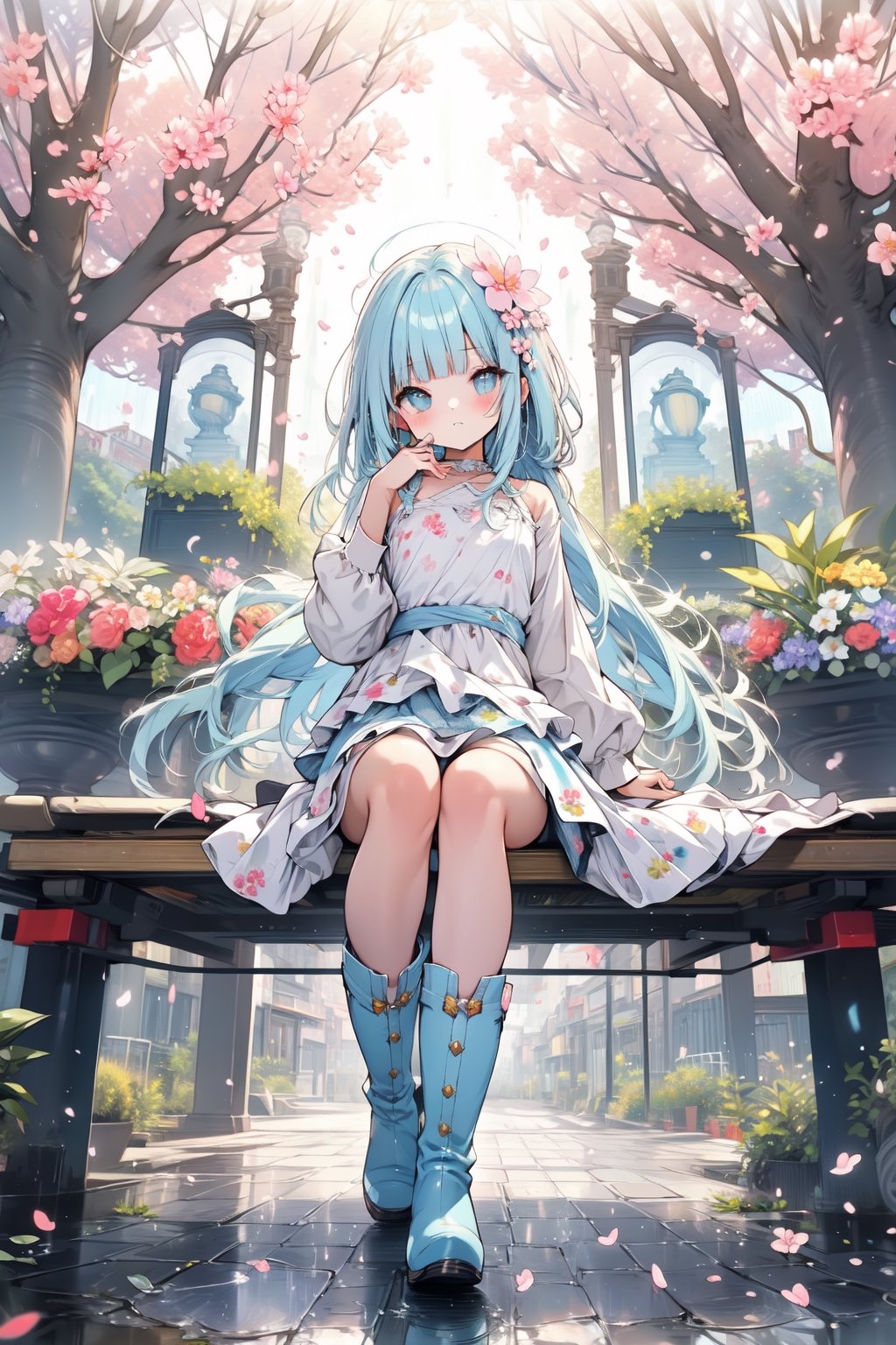 Masterpiece, best quality, extremely detailed, (illustration, official art: 1.1), 1 girl, ((light blue hair))), long hair, 10 years old,  ((blush)), cute face, big eyes, masterpiece, best quality, ((a very delicate and beautiful girl)))), amazing, beautiful detailed eyes, blunt bangs (((little delicate girl)))), tareme (true beautiful: 1.2),small breasts, anime movie, cherry blossom in full bloom, solo, small girl, (beautiful transparency, beautiful aesthetic:1.3), ((a lot of small light particles:1.3)), (flat chest)),(((masterpiece, best quality, 8k resolution, sharp focus,(Masterpiece), (Best quality), (1 girl)), Amazing, Beautiful detail eyes,masterpiece, best quality, 8k resolution, sharp focus, intricate detail, beautiful girl, sparkling eyes, golden ratio face, otherworldly liquid, watercolor, pastel colors, bright colors, whimsical, colorful, sharp focus, high resolution, fine detail, ((layered tiered puffy long sleeves ballgown)), ((round eyes)), iridescent bubbles, fantasia background,full body,、full body,foot、foot fetish、boots focus,