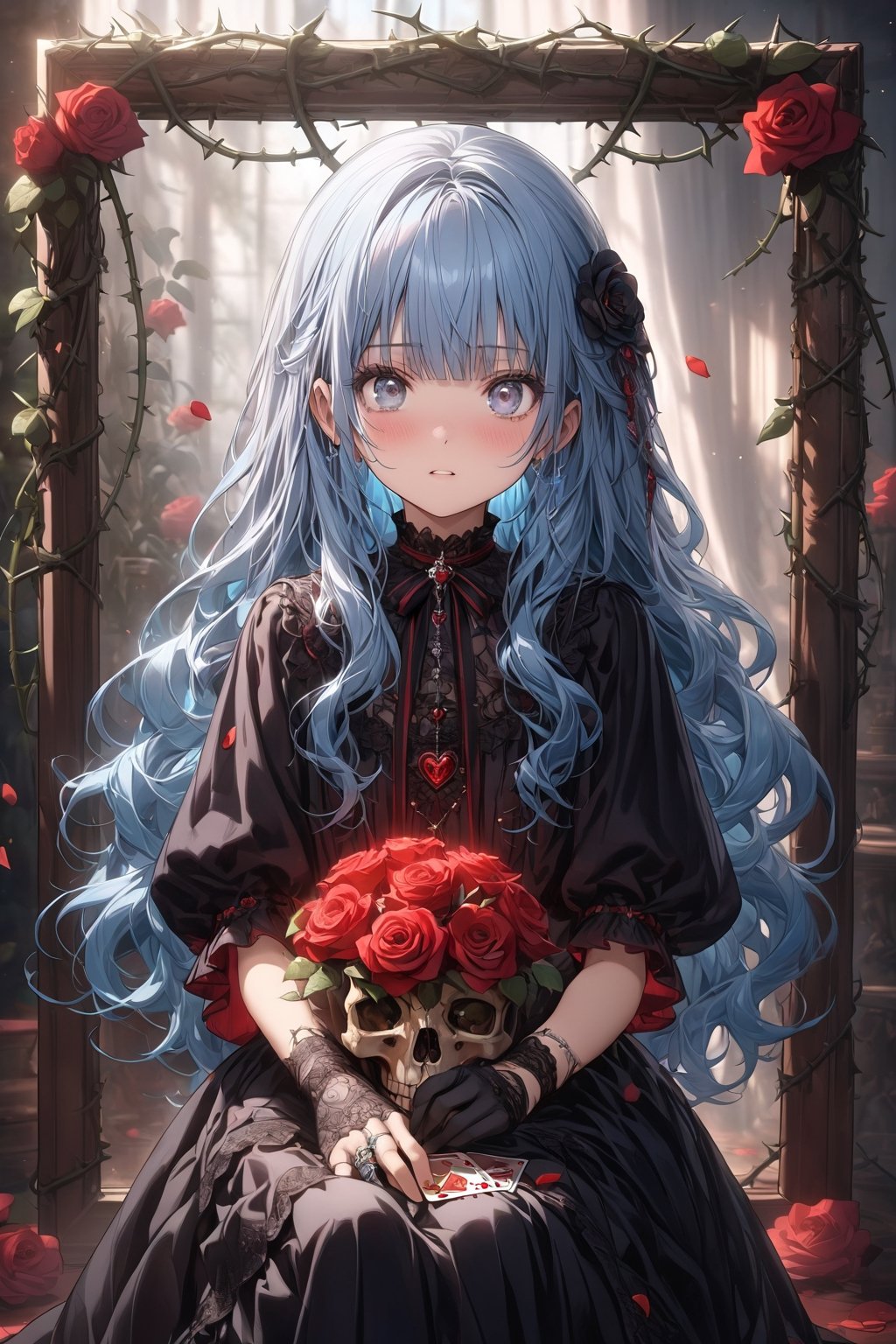 masterpiece, best quality, extremely detailed, (illustration, official art:1.1), 1 girl ,(((( light blue long hair)))), light blue hair, ,10 years old, long hair ((blush)) , cute face, big eyes, masterpiece, best quality,(((((a very delicate and beautiful girl))))),Amazing,beautiful detailed eyes,blunt bangs((((little delicate girl)))),tareme(true beautiful:1.2), ,masterpiece, best quality,1girl, solo, flower, long hair, rose, red hair, red flower, heart, grey eyes, thorns, red rose, vines, dress, looking at viewer, parted lips, bangs, black flower, black dress, gloves, holding, plant, very long hair, skeleton, ring, white background, black rose, picture frame, card, frills, black gloves, white eyes, blurry ////////, ,