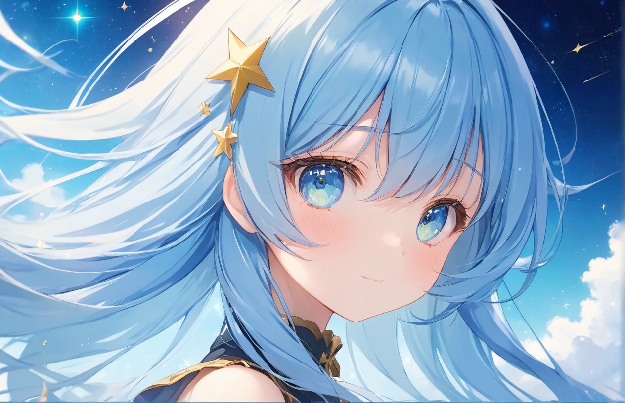 masterpiece, best quality, extremely detailed, (illustration, official art:1.1), 1 girl ,(((( light blue hair)))), ,(((( light blue long hair)))),light blue hair, ,((blush)) , cute face, big eyes, masterpiece, best quality,(((((a very delicate and beautiful girl))))),Amazing,beautiful detailed eyes,blunt bangs((((little delicate girl)))),(((tareme))),droopy eyes.(true beautiful:1.2), sense of depth,dynamic angle,,,, affectionate smile, (true beautiful:1.2),,(tiny 1girl model:1.2),)(flat chest),(masterpiece), (best quality), sharp focuse, (close up), illustration, (detailed hair, detailed face, detailed features structure), ((1 woman, solo)), perfect loli face,  ((green eyes,yellow eyes, beautiful shapes of eyes)), Casual clothing、black turtleneck outfit, (Gradient  background, Particle background: 1.3)highres,8k,official art, (((Gradient Eye))),water,liquid, cloud,colorful, starry,stars,,Clear focus,Defocused。