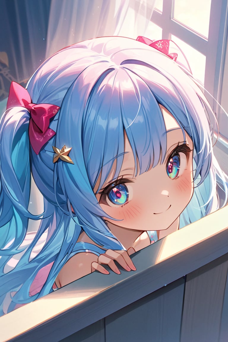 asterpiece, best quality, extremely detailed, (illustration, official art: 1.1), 1 girl, (((light blue long hair))), ((light blue long hair))), ((light blue long hair))), light blue hair,, long hair ((blush)), cute face, big eyes, masterpiece, best quality, ((((a very delicate and beautiful girl)))), amazing, beautiful detailed eyes, blunt bangs (((little delicate girl)))), tareme (true beautiful: 1.2) , sense of depth, dynamic angle,,, affectionate smile, (true beautiful: 1.2), (tiny 1girl model: 1.2),) (flat chest), (masterpiece: 1.5, highest quality: 1.5), (((VaporWave Style, Decorated colored)) ), close-up, from above, cinematic angle, (((vanilla))), 1girl, solo, cute smile, jewelry decoration, the doll is a mess, decadent life, poles outside the window, morning glow outside the window,two side up
