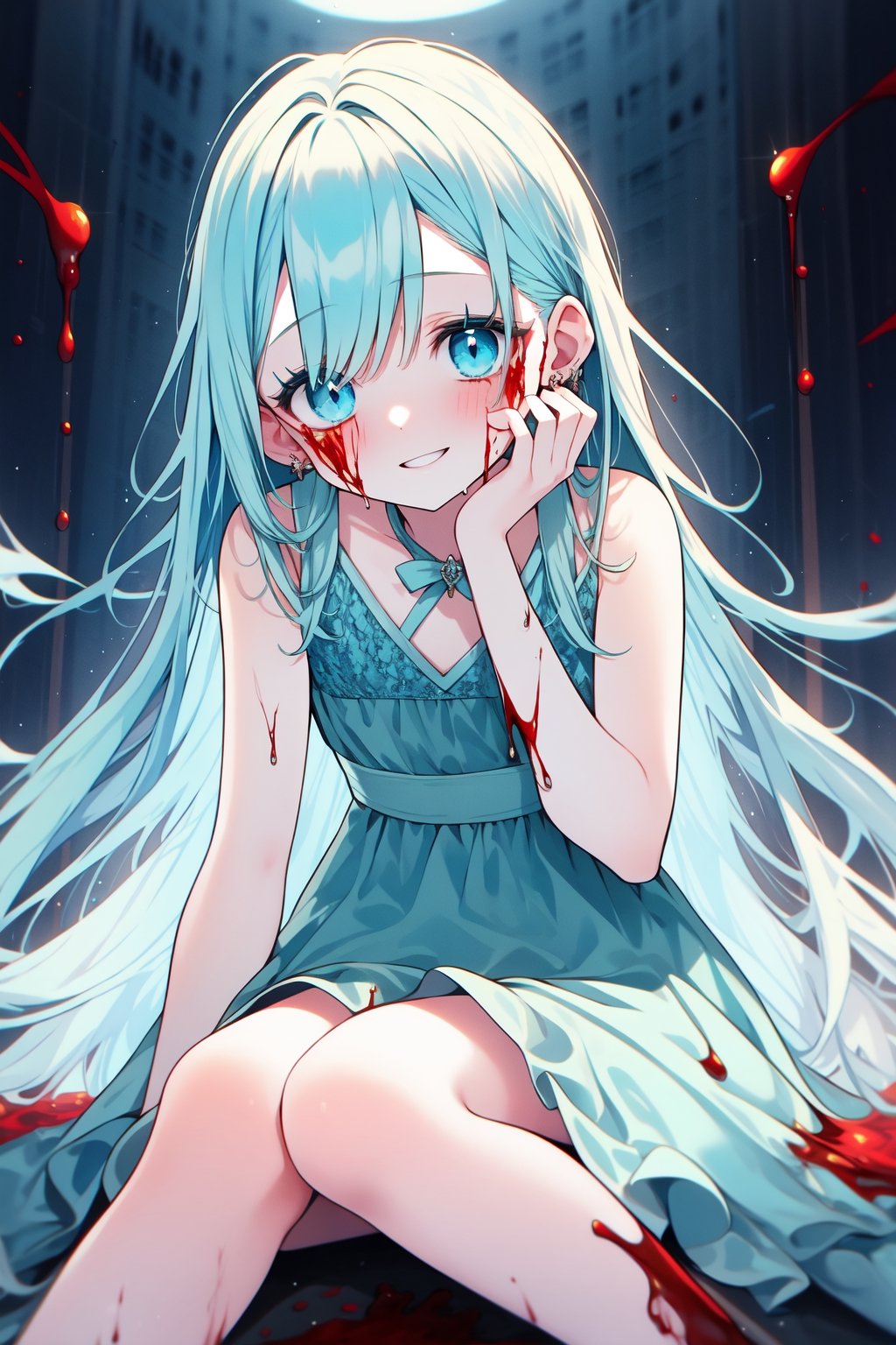 (masterpiece, best quality, extremely detailed, absurdres)), masterpiece, best quality, extremely detailed, (((light blue long hair))),  loli,10 years old,long hair cute anime faces, detailed light, parted lips, shiny, beautiful detailed face, long hair, pale long hair, smile, looking at viewer, jewelry, lips, beautiful, expressive face, 1girl, solo, flat chest, blush, bangs, super fine illustration, 8k wallpaper, (photo background: 1.3), beautiful, (vivid: 1.4), colorful lighting,  , yandere, blue_hair, blood, blood_on_clothes, blood_on_face, blood splatter, messy hair, insane eyes,  bloody, yandere, insane, sitting, thighs, ,crazy smile、 Horror, Research facility, dripping blood, sword light, , accentuating her curves and adding to her mysterious charm,portrait,yandere trance,Female,1boy
