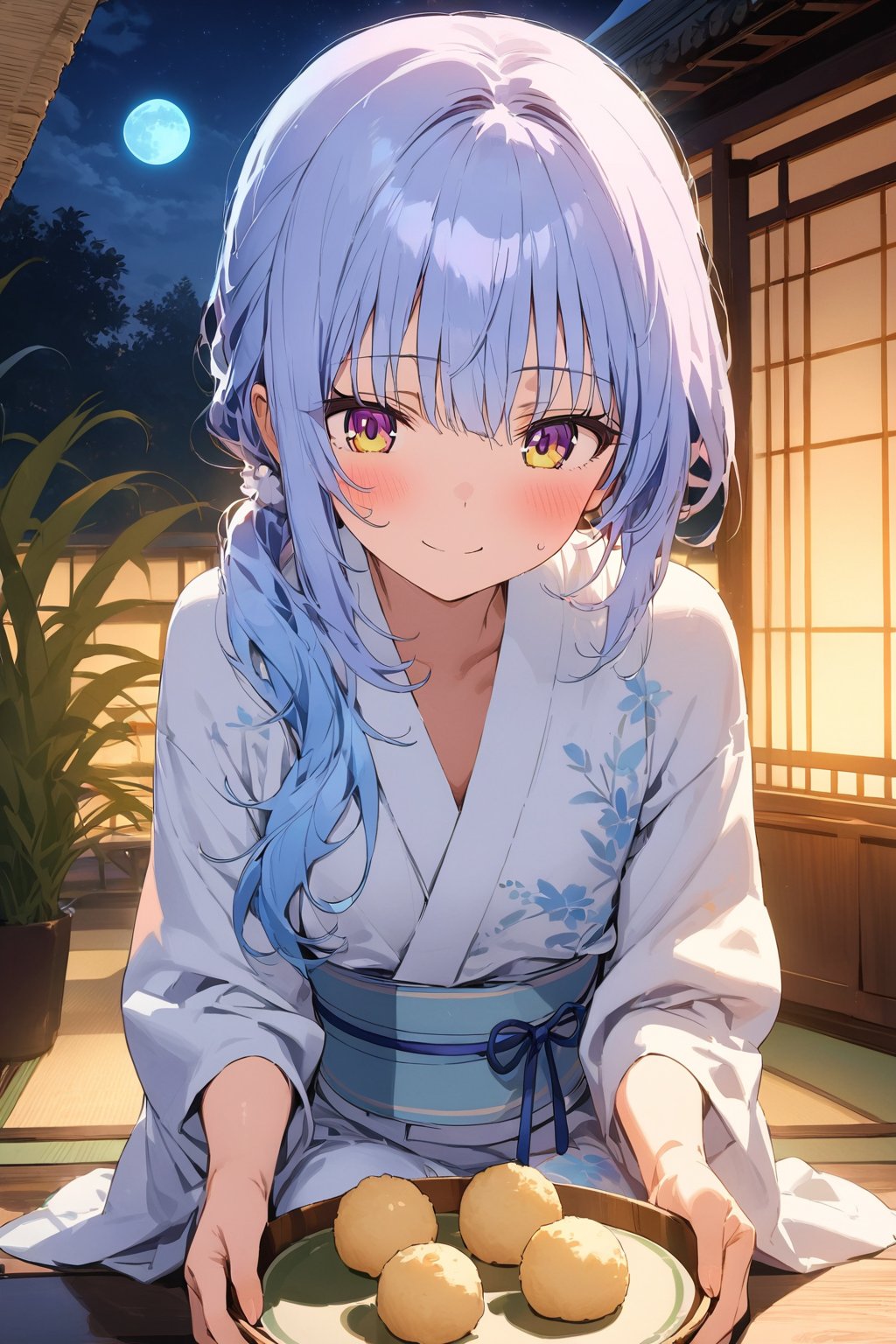 masterpiece, best quality, extremely detailed, (illustration, official art:1.1), 1 girl ,(((( light blue hair)))), ,(((( light blue long hair)))),light blue hair, ,((blush)) , cute face, big eyes, masterpiece, best quality,(((((a very delicate and beautiful girl))))),Amazing,beautiful detailed eyes,blunt bangs((((little delicate girl)))),(((tareme))),droopy eyes.(true beautiful:1.2), sense of depth,dynamic angle,,,, affectionate smile, (true beautiful:1.2),,(tiny 1girl model:1.2),)(flat chest),


, (White round dumplings piled up on a wooden plate), masterpiece, best quality, source_anime, , shiodare,On a full moon night, moon viewing, full moon, Japanese pampas grass, watercolor style, mysterious, yukata,, japanese style room, sitting,


rating_safe, (view from below:1.4), night sky, (big moon:1.4), face focus, upper body,
smile, half-closed eyes, parted lips, looking down,
BREAK
, loli,  ponytail, wavy hair, (hair between eyes:0.7), sideburns, flipped hair, (aqua scrunchie:1.0),
outdoors, (night:1.2),, a vase of Japanese pampas grass on either side of the jugoya bun on a plate is offered to