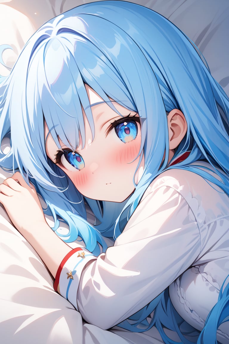 solo,, masterpiece, best quality, extremely detailed, (illustration, official art:1.1), 1 girl ,(((( light blue long hair)))), ,(((( light blue long hair)))),light blue hair, , long hair ((blush)) , cute face, big eyes,One girl, fluffy、Loose、A heartwarming world、masterpiece, Highest quality,Super detailed, One girl, From above,Little,,Sleep,,Animal costumes,Sleeping on the bed、pastel colour、cute、
