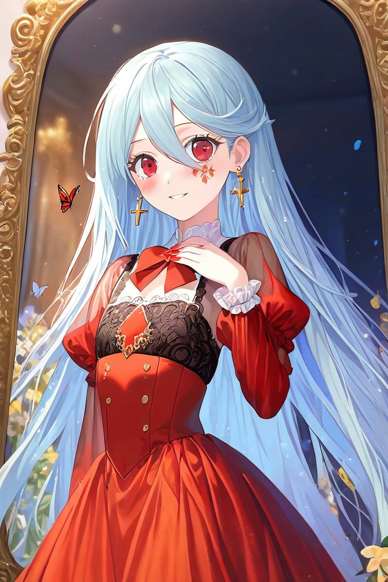 (illustration, official art:1.1), 1 girl ,(((( light blue long hair)))), ,(((( light blue long hair)))), ((blush)) , cute face, big eyes, masterpiece, best quality,(((((a very delicate and beautiful girl))))),((((little delicate girl)))),tareme, ,, affectionate smile, (true beautiful:1.2)(flat chest)、masterpiece, best quality, 1girl, solo, long hair, red eyes, jewelry, looking at viewer, red bow, butterfly, bow, smile, bug, dress, flower, hair between eyes, cross, picture frame, earrings, bangs, long sleeves, red nails, see-through, see-through sleeves, puffy sleeves, nail polish, parted lips, red dress, ,red cluster amaryllis, red bowtie, facial mark, cross earrings, , frills, bowtie, hand up,a gothic portrait, , with pale skin,  abstract art, inspired by Alphonse Mucha (masterpiece, best quality, high resolution:1.4), extremely detailed, intricate details, 4k, color splash, line art, fibonacci,(((cluster amaryllis)))
