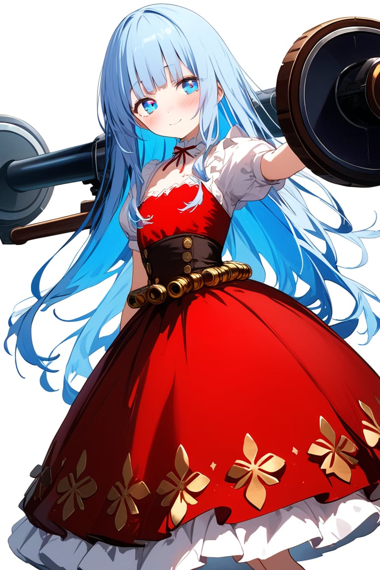 masterpiece, best quality, extremely detailed, (illustration, official art:1.1), 1 girl ,(((( light blue long hair)))), ,(((( light blue long hair)))),light blue hair, , long hair ((blush)) , cute face, masterpiece, best quality,(((((a very delicate and beautiful girl))))),Amazing,beautiful detailed eyes,blunt bangs((((little delicate girl)))),(((tareme))),droopy eyes.(true beautiful:1.2), sense of depth,dynamic angle,,,, affectionate smile, (true beautiful:1.2),,(tiny 1girl model:1.2),)(flat chest),One girl、Dynamic configuration、,He threatened Hideo.、high quality、Maximum details、(((high quality、masterpiece、Official Art、Dynamic configuration)))、、(Tabletop, 最high quality), Very detailed, Anime Style, Concept Art、whole body, (masterpiece), 最high quality, Fantasy art,whole body、masterpiece、最high quality、(colorful)、（Beautifully detailed eyes and face）、Cinema Lighting、Extremely detailed CG、Super huge、whole body、wallpaper、Dress with weapons in Wonderland, (((Everybody wears red ))), Ammunition belt, gun, machine gun, gatling gun, hand gun,weapons,Barren Land、White Background、