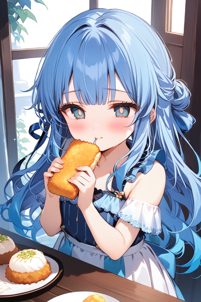 masterpiece, best quality, extremely detailed, (illustration, official art: 1.1), 1 girl, (((light blue long hair))), ((blush)), cute face, big Eyes, masterpiece, best quality, (((a very delicate and beautiful girl))))), amazing, beautiful detailed eyes, blunt bangs ((((little delicate girl))), ((tareme))), droopy eyes. (true beautiful: 1.2), sense of depth, affectionate smile, (true beautiful: 1.2), (tiny 1girl model: 1.2), (flat chest),score_9, score_8_up, score_7_up,source_anime, high res image,masterpiece,best quality（cuteness：1.2）（impactful：1.3）（Deliciousness：1.5）（hightquality：1.2）（a beauty：1.3）（depth：1.2）The colors are unified in brown and red.、Emphasis on warmth and richness。（vividness：1.2）,eating,(((croquettes, delicious croquettes,)))