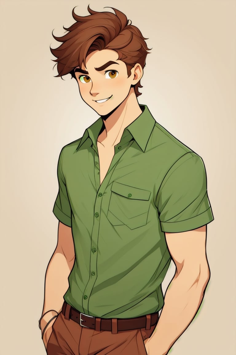 solo, looking at viewer, smile, short hair, simple background, brown hair, shirt, 1boy, brown eyes, closed mouth, collarbone, upper body, short sleeves, male focus, collared shirt, green shirt,best quality,Bruno aventurero 