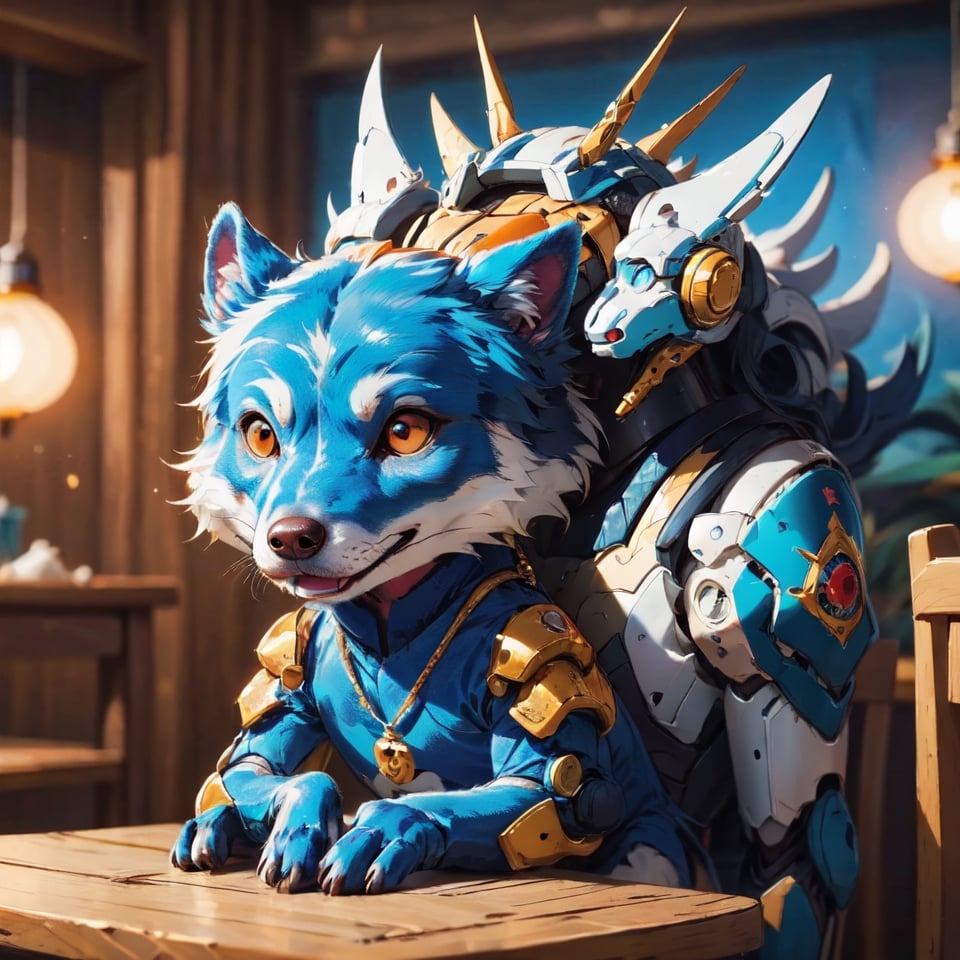 photo r3al, masterpiece, best quality, ultra realistic, cute little friendly blue dog mascot, on a table, warm lighting, clothed like a traveling merchant, Spirit Fox Pendant, ColorART, simple, minimalistic,Npzw,Mecha body