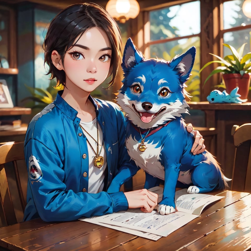 photo r3al, masterpiece, best quality, ultra realistic, cute little friendly blue dog mascot, on a table, warm lighting, clothed like a traveling merchant, Spirit Fox Pendant, ColorART, simple, minimalistic,Npzw