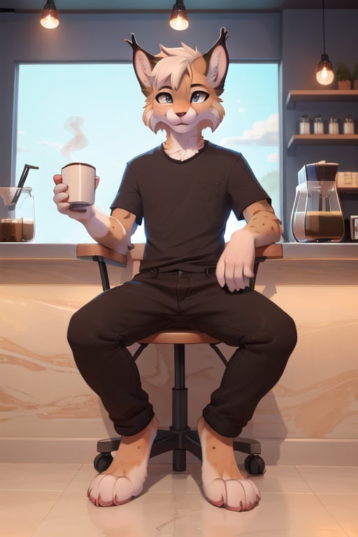 high quality, highly detailed, high resolution, 1boy, anthro_lynx, fluffy fur, eyes cat, full body image, paws, long tail, coffee shop background, sitting in a chair, shirt, long_pants, holding a cup of coffee with the left hand