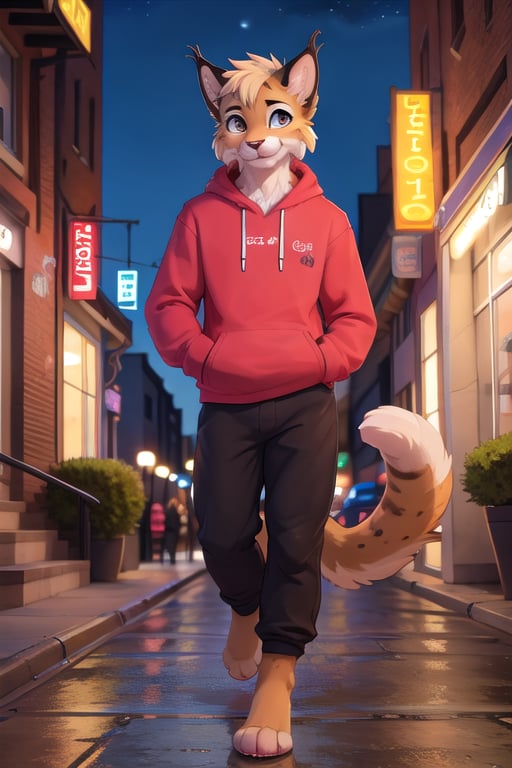  highly detailed, high resolution, 1boy, anthro_lynx, fluffy fur, eyes detailed, full body image, paws, paws detailed, cat_tail, city, walking on the pavement, night, hoodie black, long_pants, 