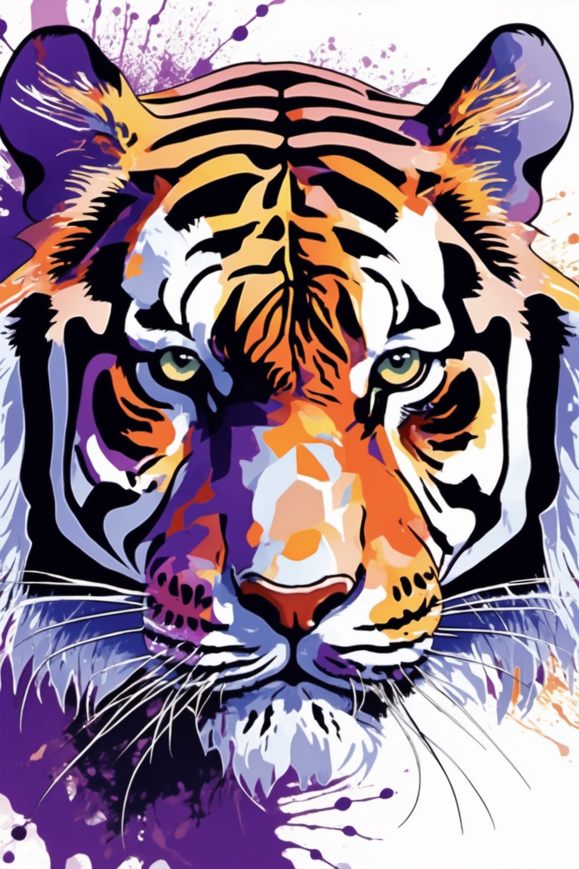 silhouette of a tiger, created from abstract multi-colored paint splatters , purple background, ink drawing,  sharp focus, studio photo, intricate details, highly detailed, by greg rutkowski