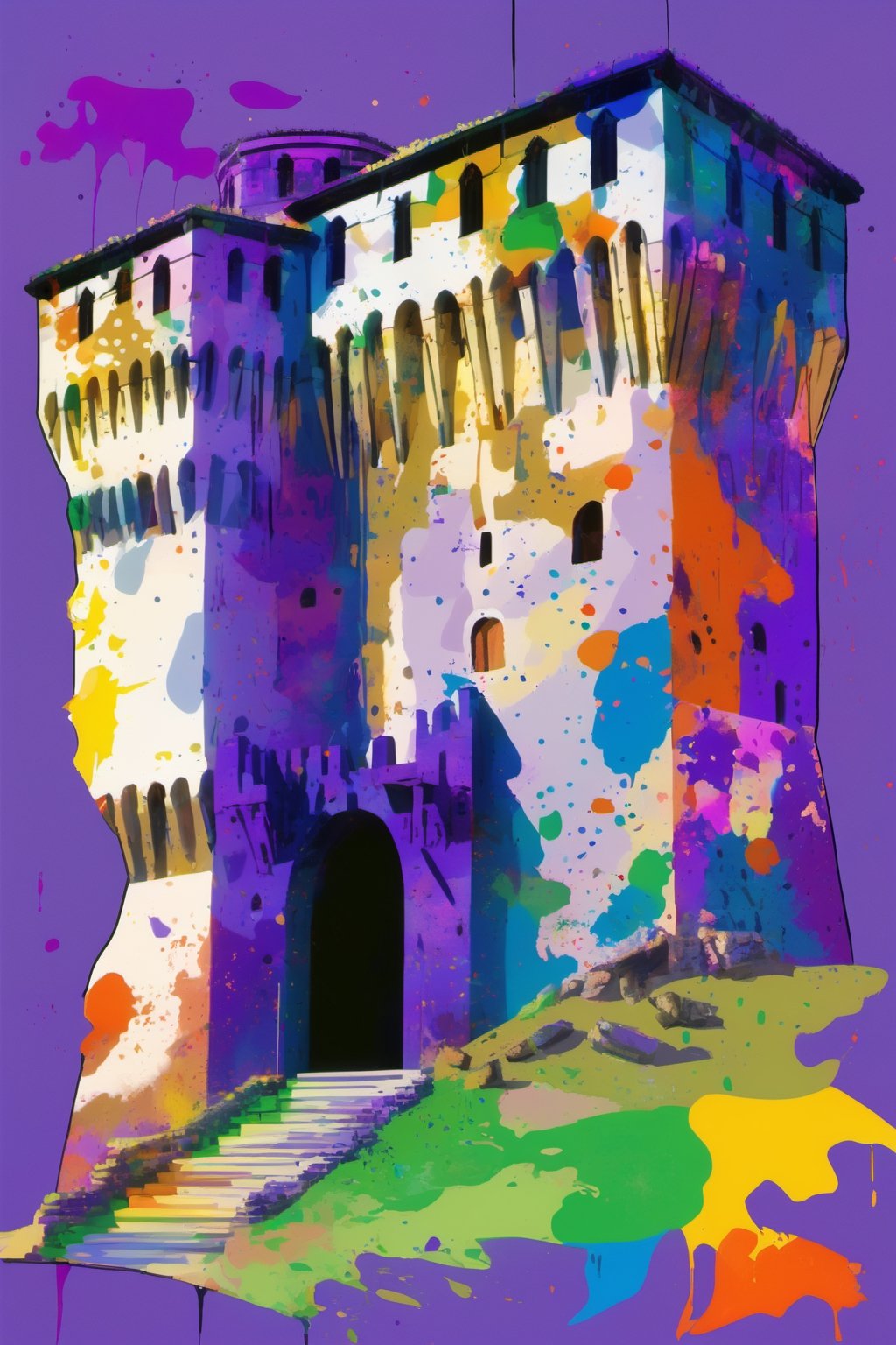 Digital illustration of an italian medieval castle, created from abstract multi-colored paint splatters , purple background, ink drawing,  sharp focus, studio photo, intricate details, highly detailed, by greg rutkowski,itacstl