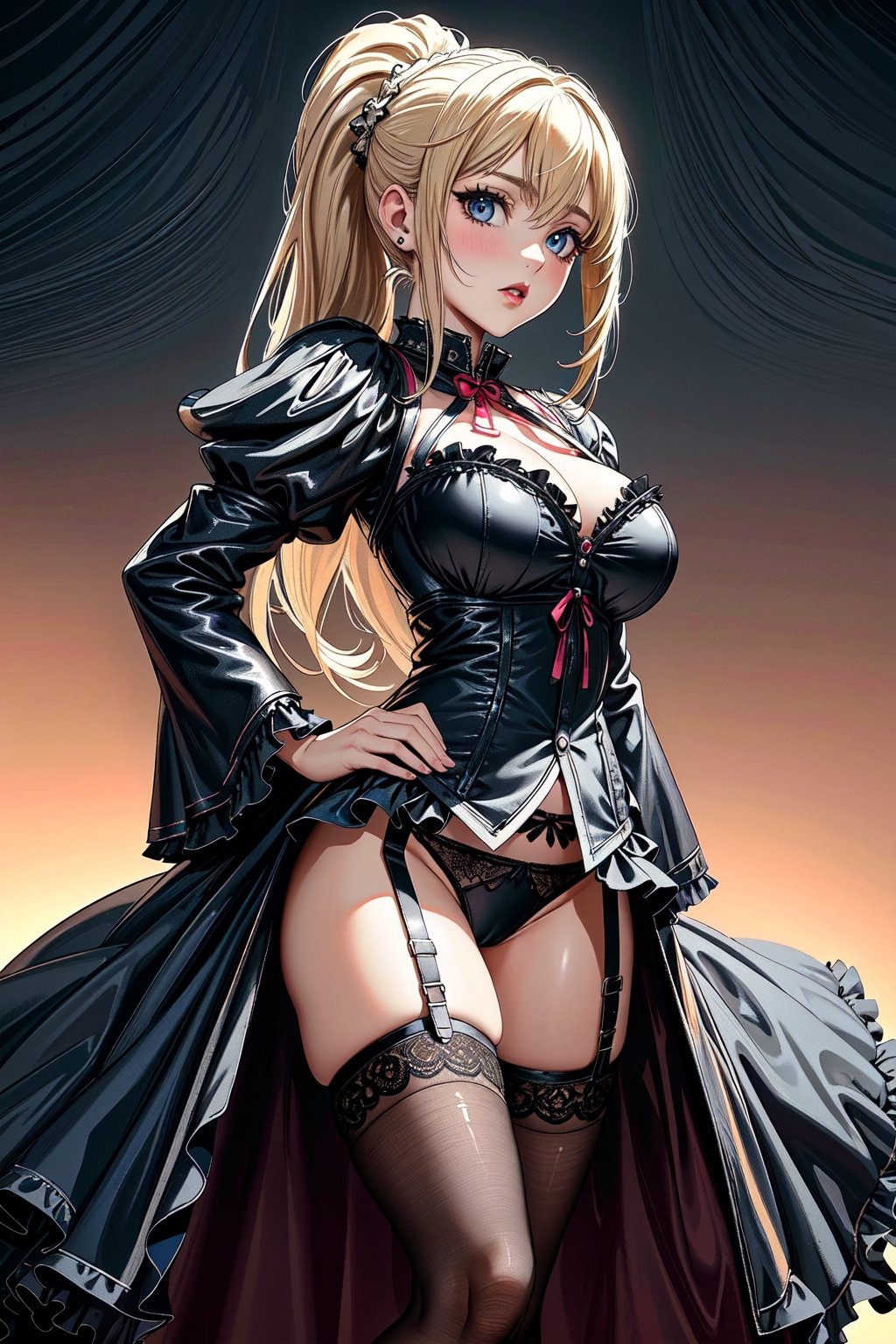 (masterpiece, best quality, top quality, intricate details, beautiful, aesthetic: 1.2), high quality, 8k, RAW, ultra details, absurd, GothGal, woman with GothGal ((lingerie)), 1 girl, solo, lalatina, blonde hair, ponytail, x hair ornament, blue eyes, ((large breasts)), look at viewer, pointed nose, standing, front with garter belt, iron Garterbelt chains, black cloth, cloth straps, embroidery, woman with garter belt, focus on lower body, front photo, (lora :edgGothLingerie_MINI:1)
