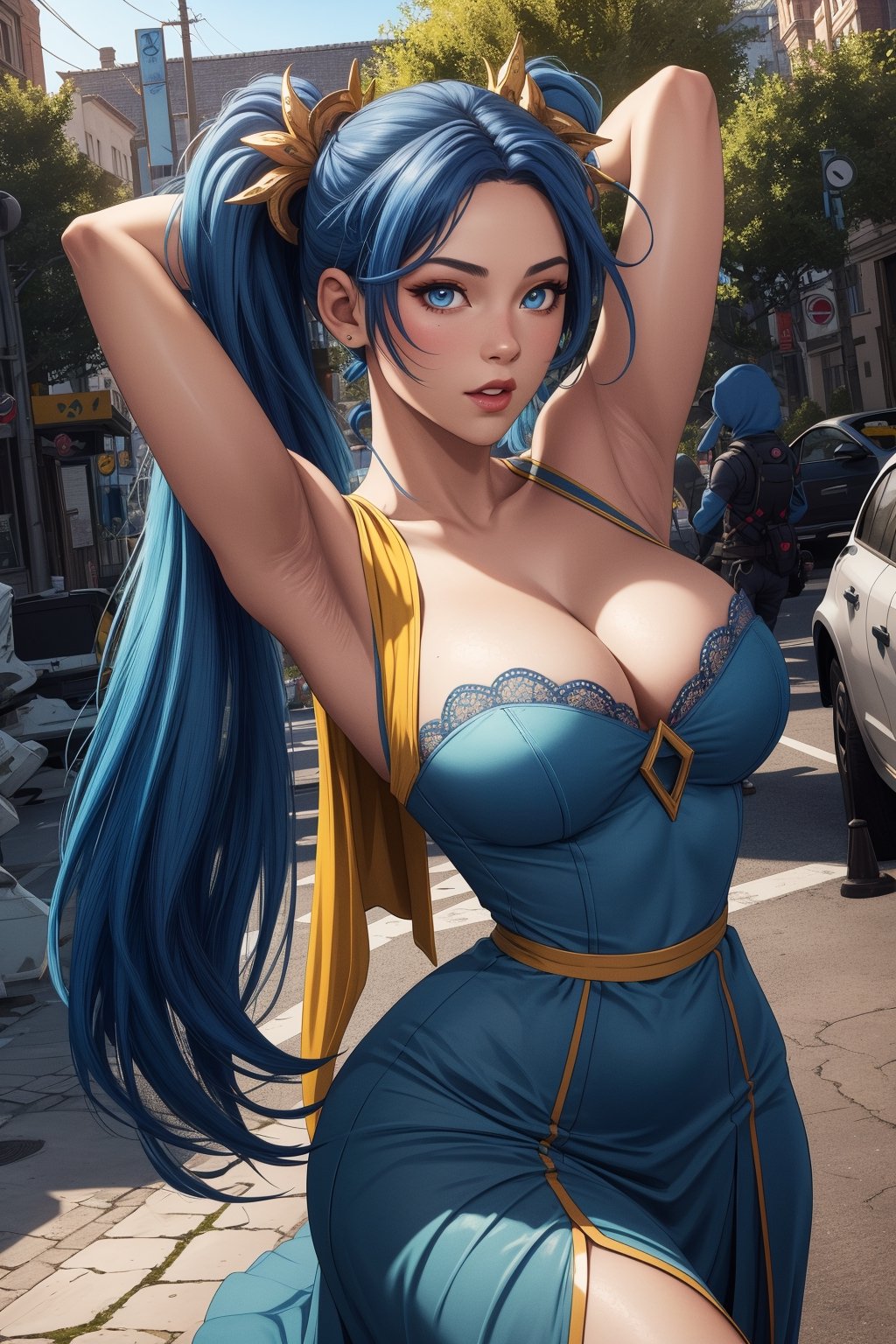 (hyper-realistic image),(masterpiece),(very good quality image),(video game style image),(state-of-the-art image quality),(beautiful colors),8perfect lighting),(unsurpassed image quality),( full hd), (8k unity), 1 girl, sona, arms behind her head, blue eyes, blue hair, long hair, two pigtails, yellow hair at the ends, blue dress, hair decorations, outdoors, walk down the street during the day,
,1girl