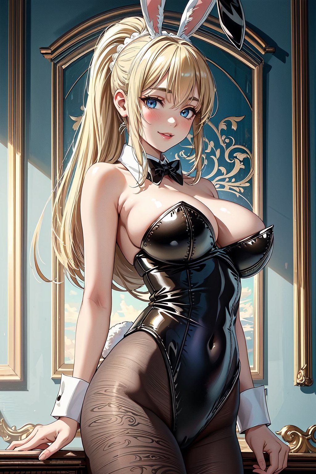 (masterpiece, best quality, top quality, intricate details, beautiful, aesthetic: 1.2), high quality, 8k, RAW, ultra details, extremely delicate and beautiful, smile, 1 girl, solo, lalatina, blonde hair, ponytail , x hair ornament, blue eyes, ((big breasts)), looking at viewer, pointed nose, standing ((playboy_bunny_leotard)), curvy body shape, sexy, nsfw