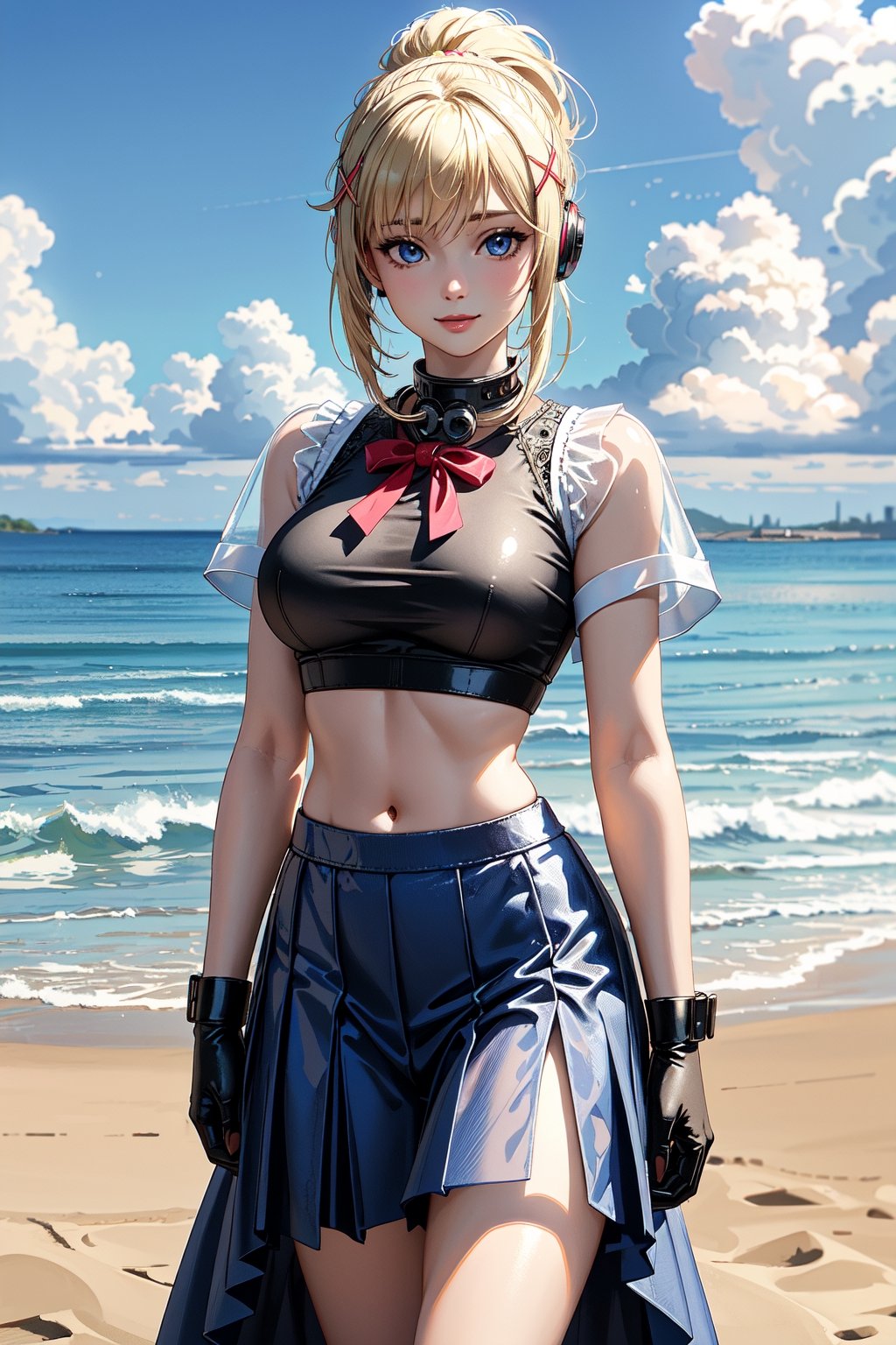(masterpiece, best quality, top quality, intricate details, beautiful, aesthetic: 1.2), high quality, 8k, RAW, ultra details, extremely delicate and beautiful, 1 girl, 1girl, alone, lalatina, blonde hair, ponytail , x hair ornament, blue eyes, big breasts, looking at viewer, pointed nose, fantasy, medieval, walking, beach ((transparent serafuku)), ((crop top)), under the breast, micro shorts, shot of jean, bare arms, short sleeves, arms placed sideways, legs, smile, free, (headphones) ((around the neck))