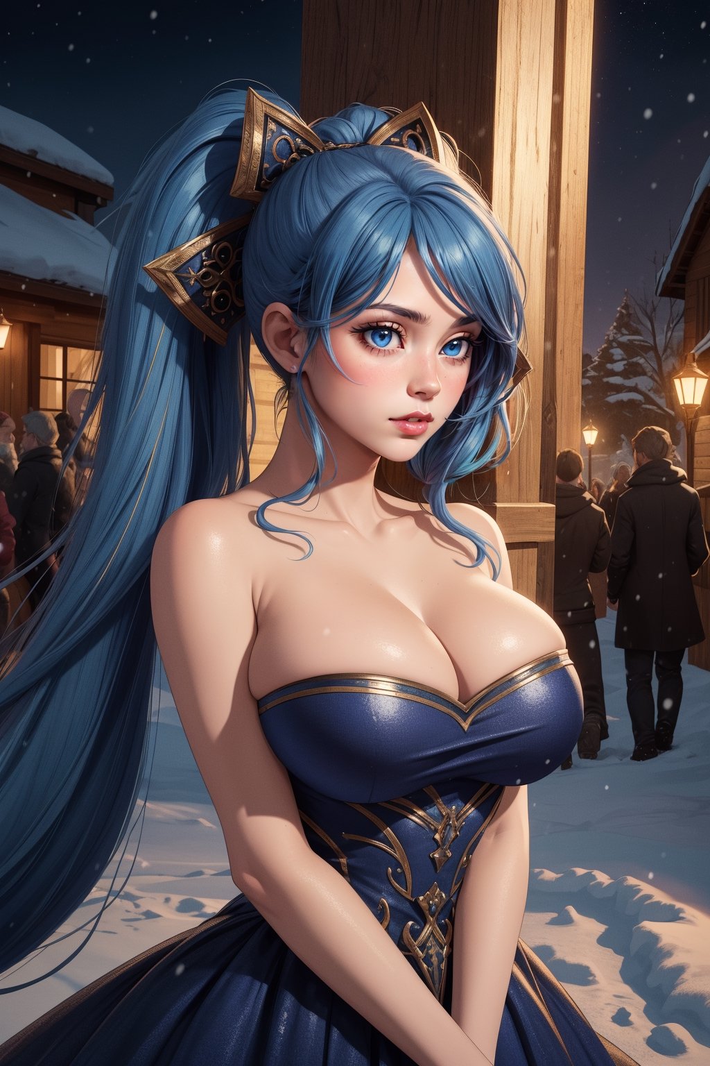 (hyper-realistic image),(masterpiece),(very good quality image),(video game style image),(state-of-the-art image quality),(beautiful colors),8perfect lighting),(unsurpassed image quality),( full hd), (8k unity), 1 girl, sona, upper body, dynamic pose, blue eyes, blue hair, long hair, two pigtails, (yellow hair at the ends), blue dress, hair decorations, (big breasts), symmetrical breasts, outdoors, (walking in the garden at night), (snow around), (beautiful night),
,1girl,defSona