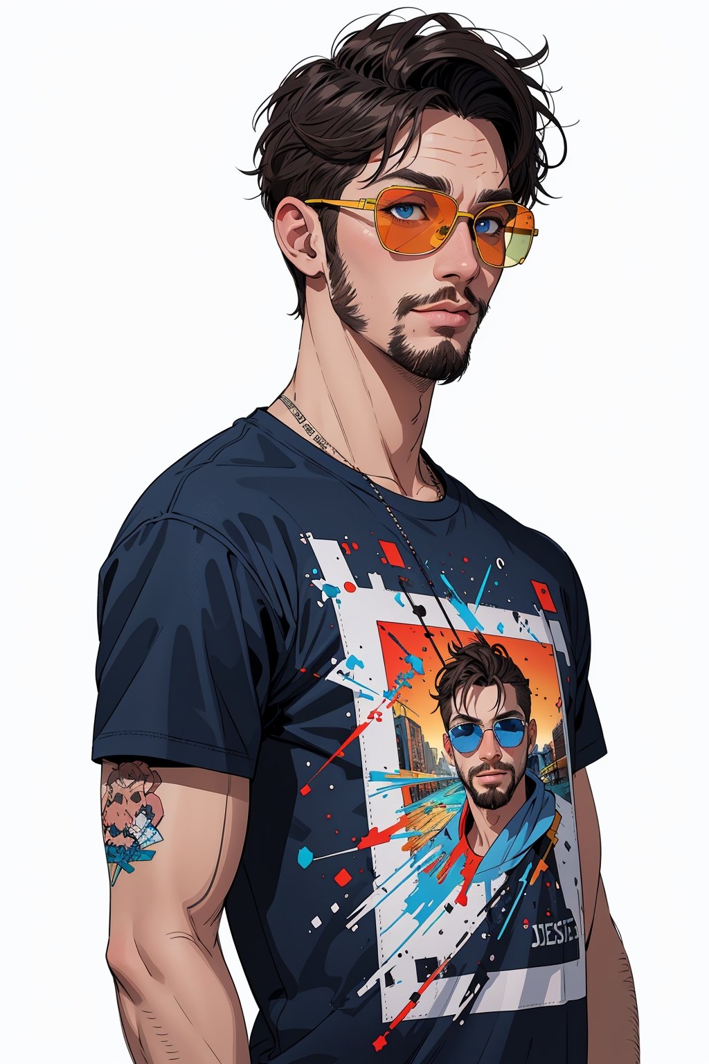 Centered image, color fragments, hand drawn, realistic sketch, rough sketch, bold lines, t-shirt design illustrations, white background, man, blue eyes, goatee, sunglasses, sunrise, flat illustration, tall contrast, vibrant vector, vector image, 8k,
,midjourney