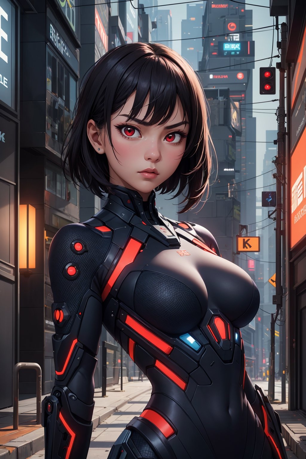 Masterpiece, beautiful details, perfect focus, smooth 8K wallpaper, high resolution, exquisite texture in every detail, 1 girl, Asian features, red eyes, (upper body), (serious face), (wearing a suit futuristic multi-color),((with a beautiful futuristic urban background)),
