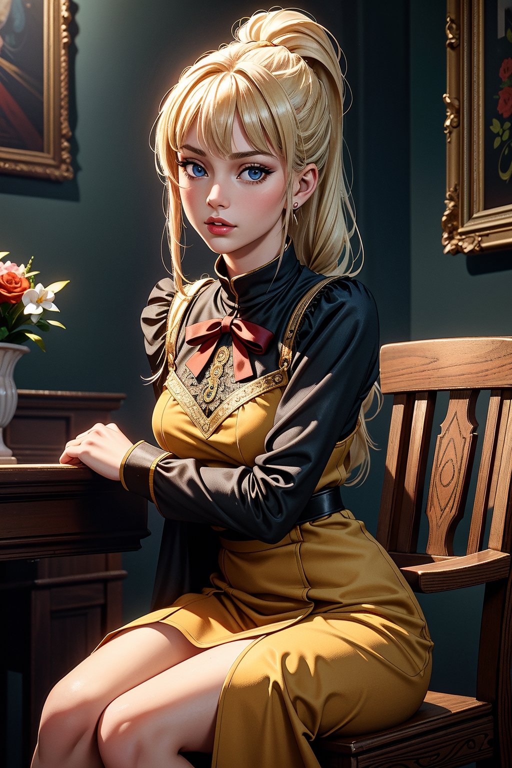 (masterpiece, best quality, top quality, intricate details, beautiful, aesthetic: 1.2), high quality, 8k, RAW, ultra details, extremely delicate and beautiful, 1girl, solo, lalatina, blonde hair, ponytail, x embellishment hair, blue eyes, looking at viewer, pointed nose, jumpsuit, black jumpsuit, orange skirt, interior, inn, fantasy, medieval, sitting, sitting on a chair,