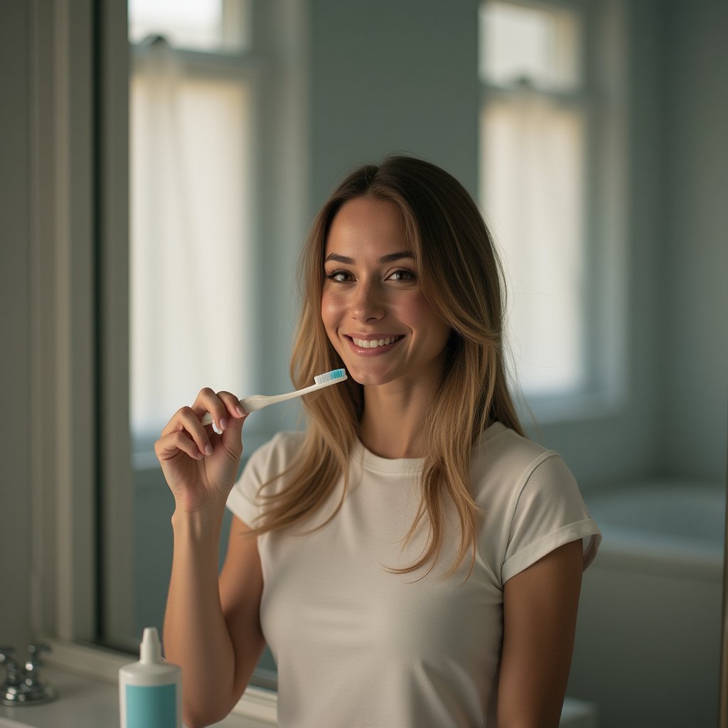 Masterpiece, best quality, Photorealistic, sharp focus, highly detailed, top quality, Ultra-High Resolution, HDR, 8K, epiC35mm, film grain, moody photography, cinematic style, color saturation:-0.4, beauty, Greek, young woman, brushing your teeth, bright bathroom, 22 years, straight, brown, hazel eyes, casual t-shirt, playful facial expression, standing straight with a toothbrush in hand, mirror slightly fogged from steam, toothpaste tube on the counter,raw_photo