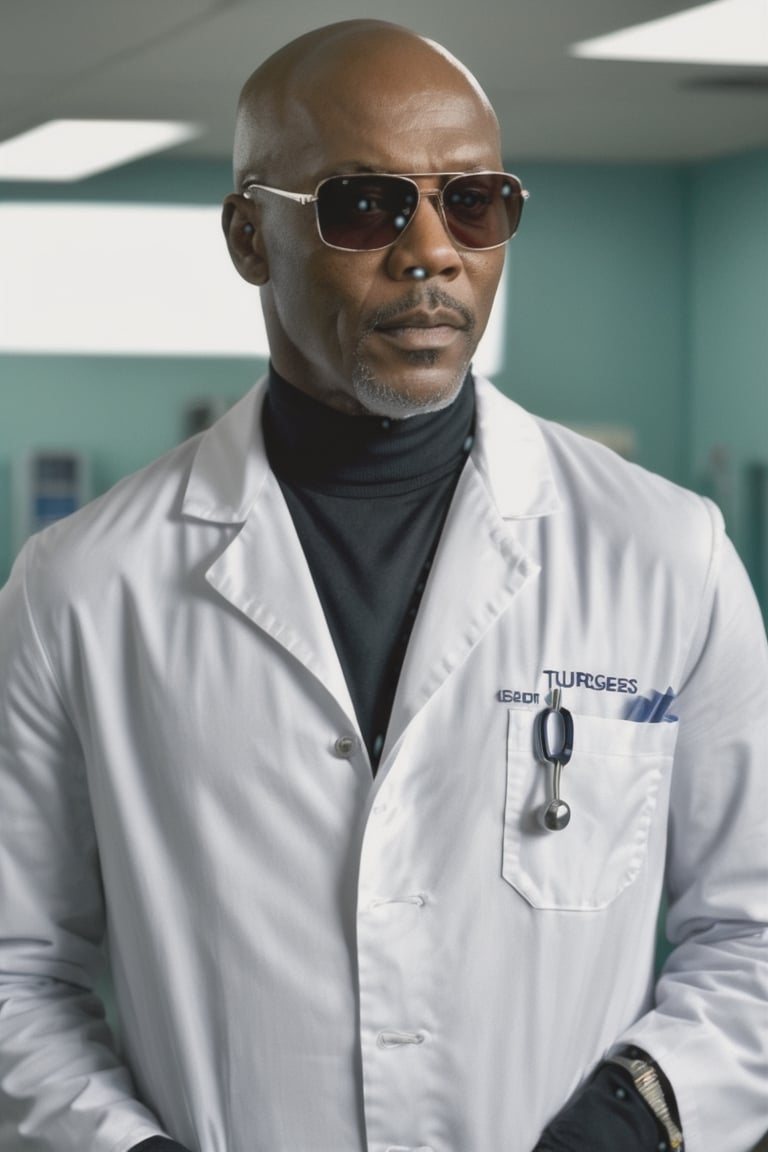((masterpiece, best quality)), absurdres, (Photorealistic 1.2), sharp focus, highly detailed, top quality, Ultra-High Resolution, HDR, 8K, photo of handsome African-American man, 50 year old man, (Nick Fury from the "Avengers") (Samuel L. Jackson:1.2) (((as a male nurse in an E.R. soap opera))) (standing in an Emergency room), epiC35mm, film grain, (freckles:0.0), upper body shot, (plain background:1.6), athletic body, dark skin, (((black turtleneck, lab coat, sunglasses))), balls,  photo of perfect eyes, dark eyes, detailed face, serious, cool color grading,