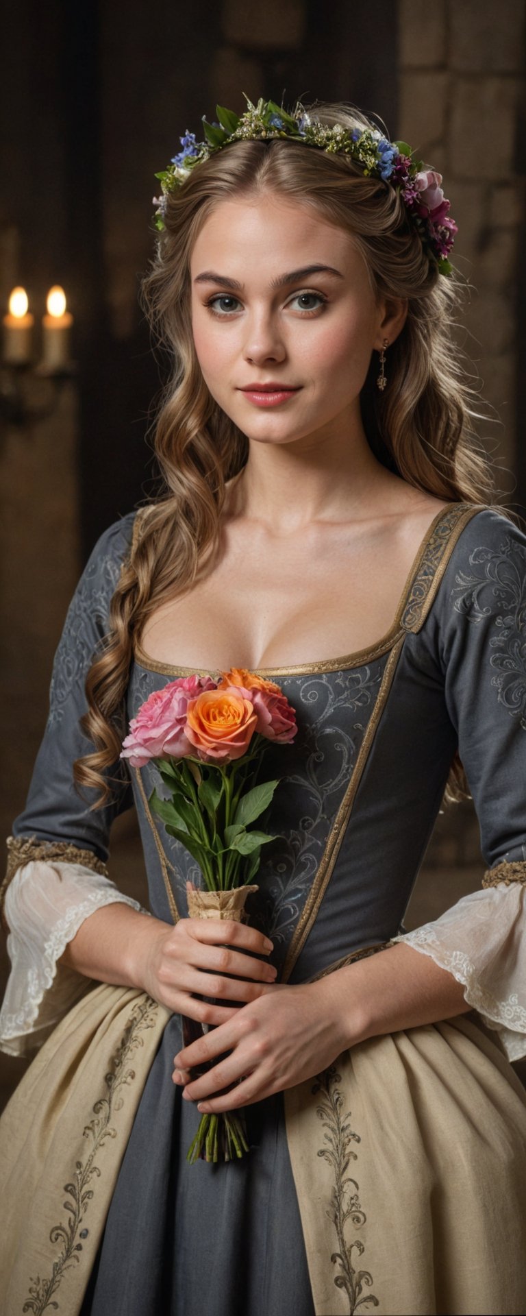 (masterpiece, best quality, ultra-detailed, 8K),high detail, realisitc detailed,
a sexy young princess with flowy hair over shoulders in the dark, medieval gown , cuddling a bottle of stout, wreath, detailed eyes, soft skin, kind smile, glossy lips, details of colorful flowers,
a serene and contemplative mood,well lit  background consists of a medieval castle chamber,