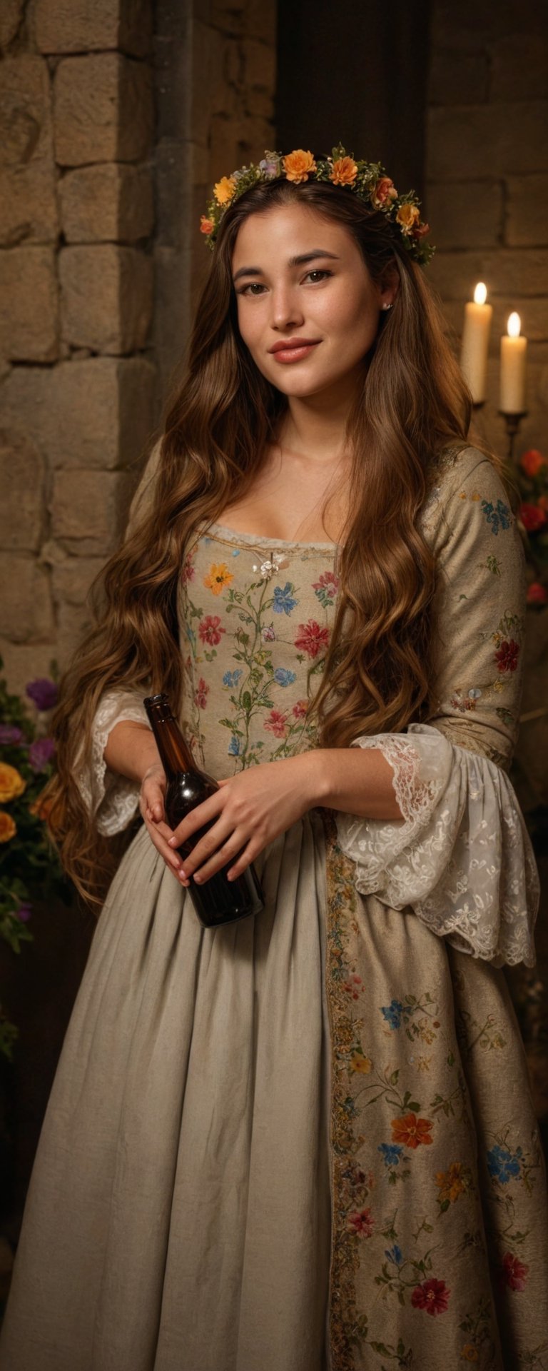 (masterpiece, best quality, ultra-detailed, 8K),high detail, realisitc detailed,
a sexy young princess with long flowy hair over shoulders in the dark, medieval gown , cuddling a bottle of stout, wreath, detailed eyes, soft skin, kind smile, glossy lips, details of colorful flowers,
a serene and contemplative mood,well lit  background consists of a medieval castle chamber,