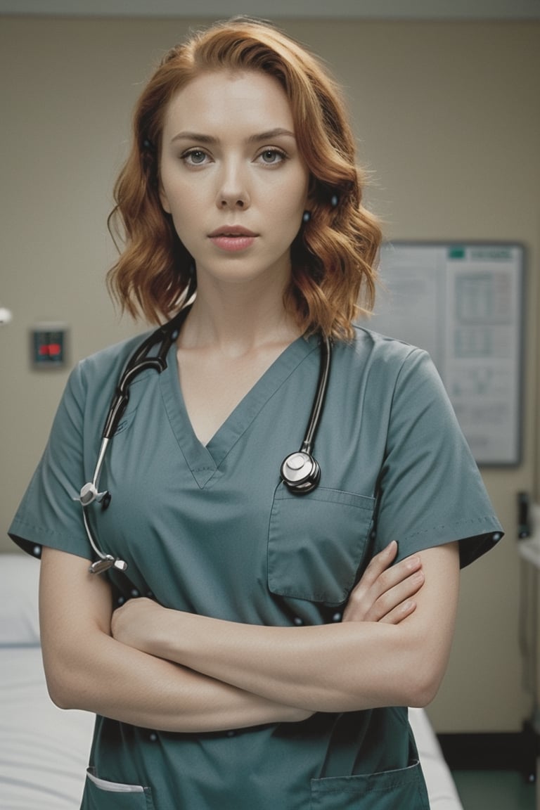 ((masterpiece, best quality)), absurdres, (Photorealistic 1.2), sharp focus, highly detailed, top quality, Ultra-High Resolution, HDR, 8K, photo of beautiful Russian woman, 25 years old, (((Natasha Romanoff (Scarlett Johansson:1.2) from "Avengers" reimagined as a female doctor))), (E.R. soap opera style), (standing by a hospital bed in an emergency room at night), epiC35mm, film grain, (freckles:0.0), upper body shot, (plain background:1.6), skin body, (((medium-size breasts))), pale skin, (((dark grey scrubs))), short wavy ginger hair, detailed eyes, serious face, cute face,