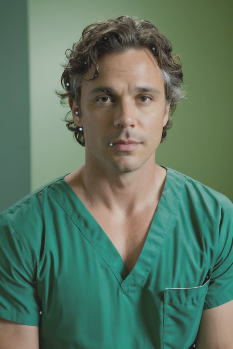 ((masterpiece, best quality)), absurdres, (Photorealistic 1.2), sharp focus, highly detailed, top quality, Ultra-High Resolution, HDR, 8K, photo of handsome man, 30 year old American man, (Bruce Banner from the "Avengers") (Mark Ruffalo:1.2) (((as a male nurse in an E.R. soap opera))) (standing in an Emergency room), epiC35mm, film grain, (freckles:0.0), upper body shot, (plain background:1.6), very muscular body, tattooed skin, tattoos on the neck and arms, (((green scrub))), short black hair,  photo of perfect eyes, dark eyes, detailed face, warm smile, cool color grading,