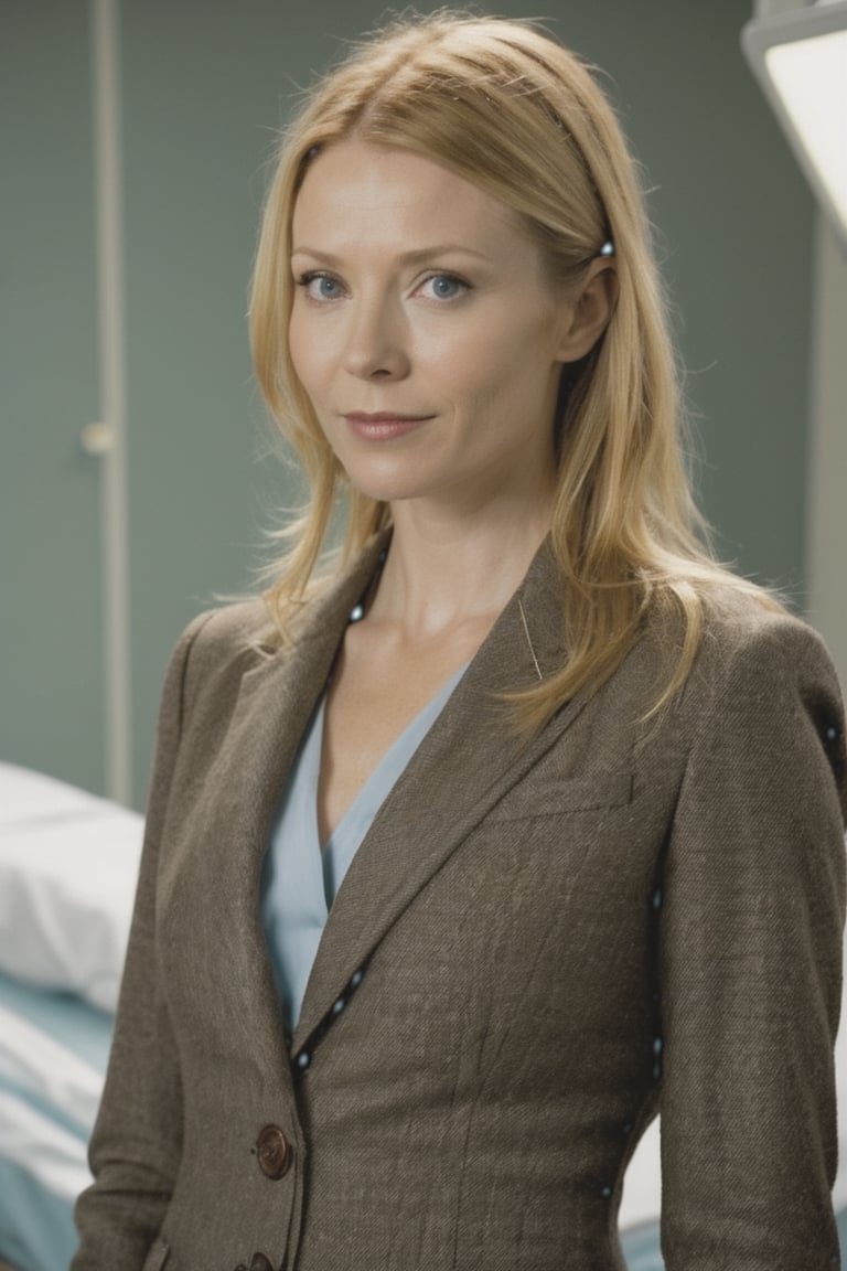 ((masterpiece, best quality)), absurdres, (Photorealistic 1.2), sharp focus, highly detailed, top quality, Ultra-High Resolution, HDR, 8K, photo of beautiful woman, 25 years old, (((Pepper Potts (Gwyneth Paltrow:1.2) from "Avengers" reimagined as hospital staff))), (E.R. soap opera style), (standing by a hospital bed in an emergency room at night), epiC35mm, film grain, (freckles:0.4), upper body shot, (plain background:1.6), skinny body, (((small breasts))), pale skin, (((tweed business suit))), updo straight blond hair, detailed brown eyes, warm smile face, cute face,