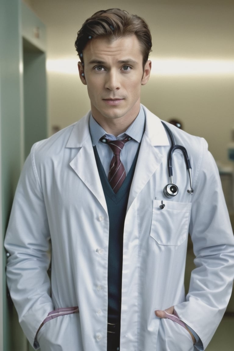 ((masterpiece, best quality)), absurdres, (Photorealistic 1.2), sharp focus, highly detailed, top quality, Ultra-High Resolution, HDR, 8K, photo of handsome man, 30 year old American man, (Steve Rogers from the "Avengers":0.6) (Chris Evans:0.8) (((as a doctor in an E.R. soap opera))) (standing in an Emergency room), epiC35mm, film grain, (freckles:0.0), upper body shot, (plain background:1.6), muscular body, pale skin, (((dress shirt, Khan coat))), short blond hair,  photo of perfect eyes, dark eyes, detailed face, warm smile, cool color grading,