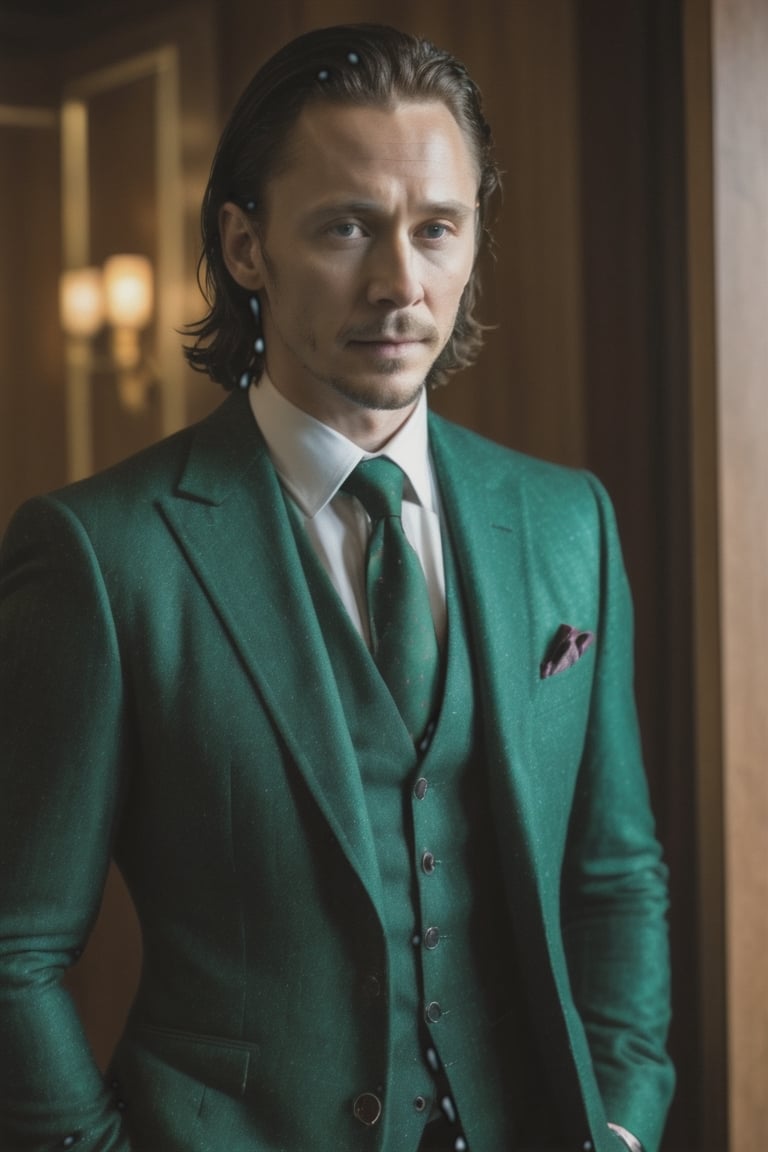 ((masterpiece, best quality)), absurdres, (Photorealistic 1.2), sharp focus, highly detailed, top quality, Ultra-High Resolution, HDR, 8K, cool color grading, epiC35mm, film grain, upper body shot,

photo of handsome man, 30 year old British man, (Loki from the "Avengers") (Tom Hiddleston:1.2) 
(((reimagined as  as a mobster))), (John Wick movie style) (((gothic-punk style))) (standing in a dark luxurious hotel room), 

((wearing green tweed suit))),

 (freckles:0.0)), slim athletic body, pale skin, short black hair,  photo of perfect eyes, dark eyes, detailed face, sarcastic smirk, 