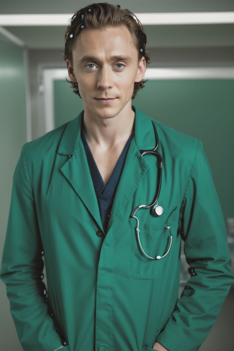 ((masterpiece, best quality)), absurdres, (Photorealistic 1.2), sharp focus, highly detailed, top quality, Ultra-High Resolution, HDR, 8K, photo of handsome man, 30 year old British man, (Loki from the "Avengers") (Tom Hiddleston:1.2) (((as a doctor in an E.R. soap opera))) (standing in an Emergency room), epiC35mm, film grain, (freckles:0.0), upper body shot, (plain background:1.6), athletic body, pale skin, (((dark green suit, lab coat))), short black hair,  photo of perfect eyes, dark eyes, detailed face, warm smile, cool color grading,