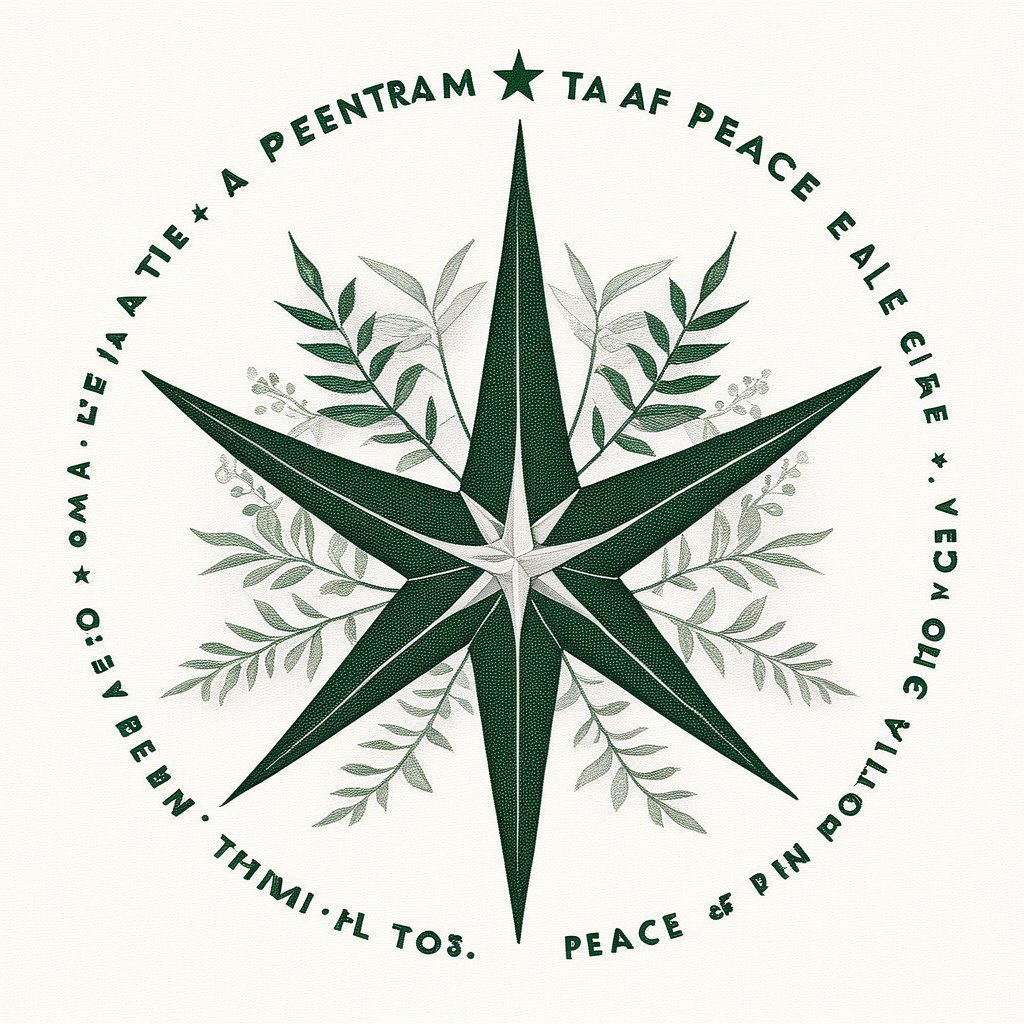 logo_emblem,Helvetica Bold_text:TA,a pentagram,peace symbol,leaf print