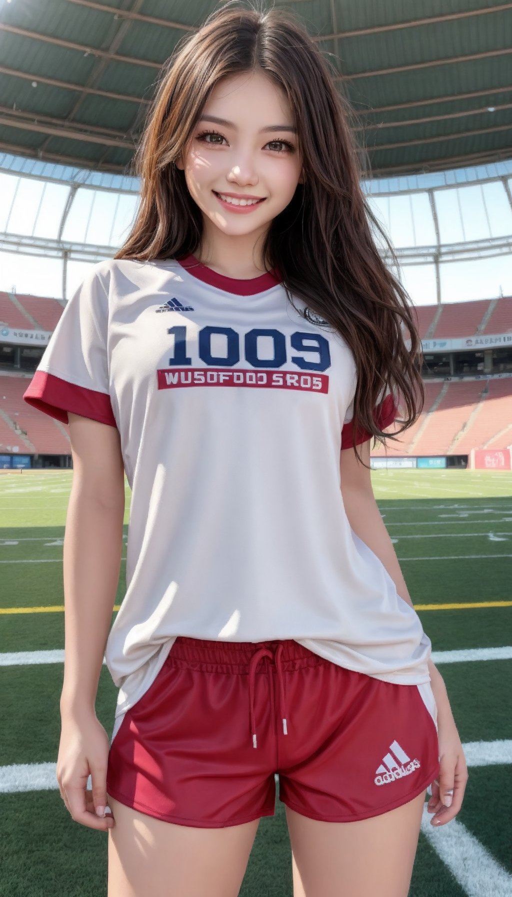 1 woman, detailed face and eyes, cute, smiling, posing in athletics stadium, sports shirt with logo, shorts, sports fashion photo, masterpiece, best quality