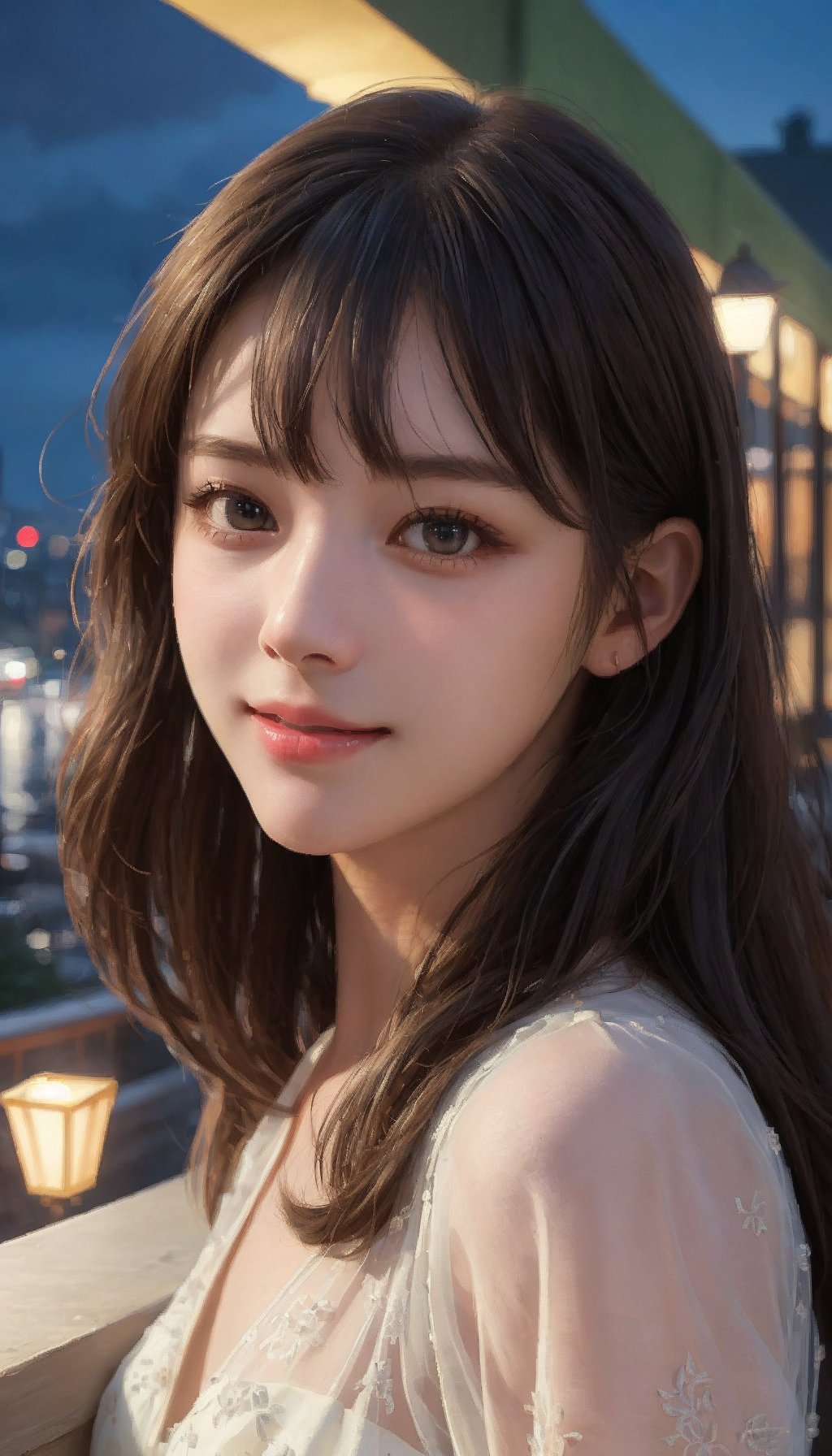 (Ultra-Realistic), (Improved Resolution), (8K), (Very Detailed),(Highest Quality), (Masterpiece), (Beautiful and Detailed Face), (Detailed Face), 1 Girl, Looking at the Viewer, Attractive Face, Modest Smile, Long Hair, Straight Hair, Oblique Bangs, Transparent Dress, Calm Atmosphere, Deep Shadows, Terrace at Night, Distant Night View,