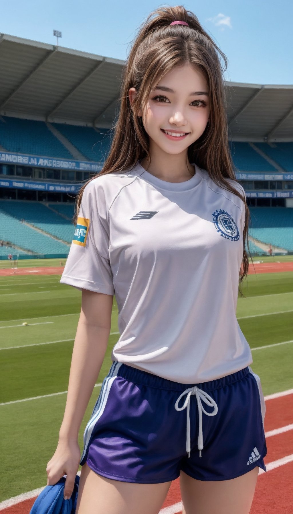 1 woman, detailed face and eyes, cute, smiling, posing in athletics stadium, sports shirt with logo, shorts, sports fashion photo, masterpiece, best quality