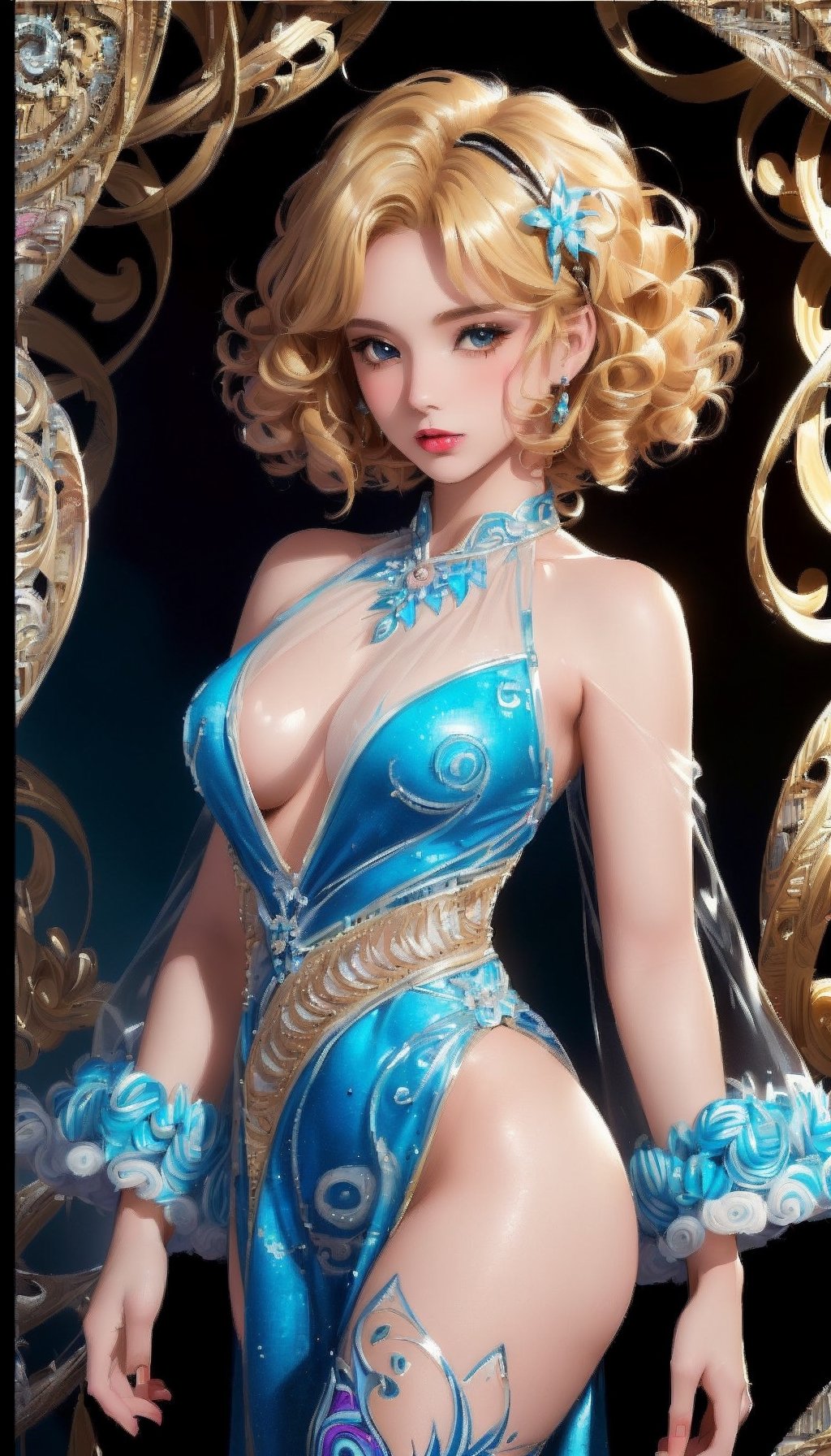 (Masterpiece, Top Quality, Top Quality, Official Art, Beautiful and Aesthetic: 1.2), (One Girl), Highly Detailed, (Fractal Art: 1.2), Colorful, Most Detailed, (Zentangle: 1.2), (Bold sexy poses), cowboy shots, (complex and abstract backgrounds), (traditional see through costumes: 1.2), (shiny skin), (many colors: 1.2) , blonde hair, ((very curly hair)), ((fluffy hair) )), ((short hair)),1girl,