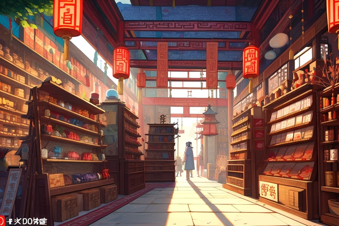 In ancient China, at noon, in a shop, selling fabrics,pastelbg