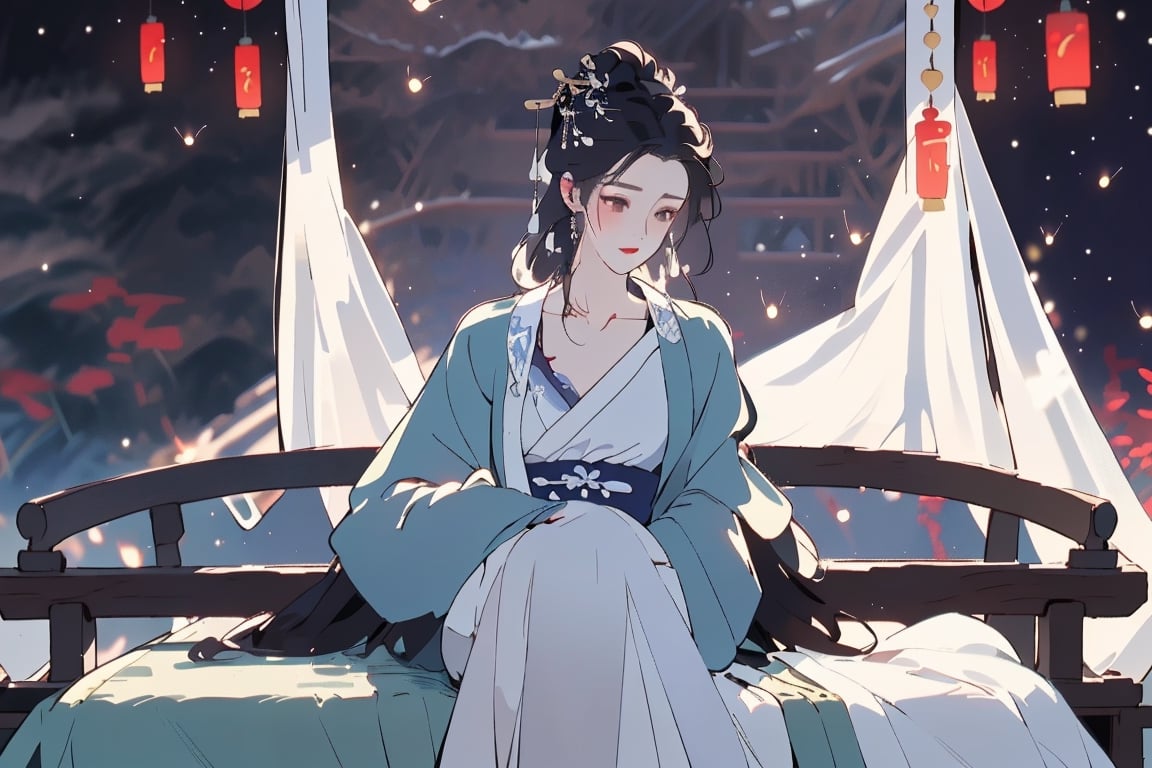 In ancient China, a beautiful woman,  sitting in her bed

leonardo,Apoloniasxmasbox,ral-chrcrts,firefliesfireflies,cloudstick,yunjindef,pastelbg,ancient_beautiful,myhanfu,1boy,dilraba, hanfu,Chinese style