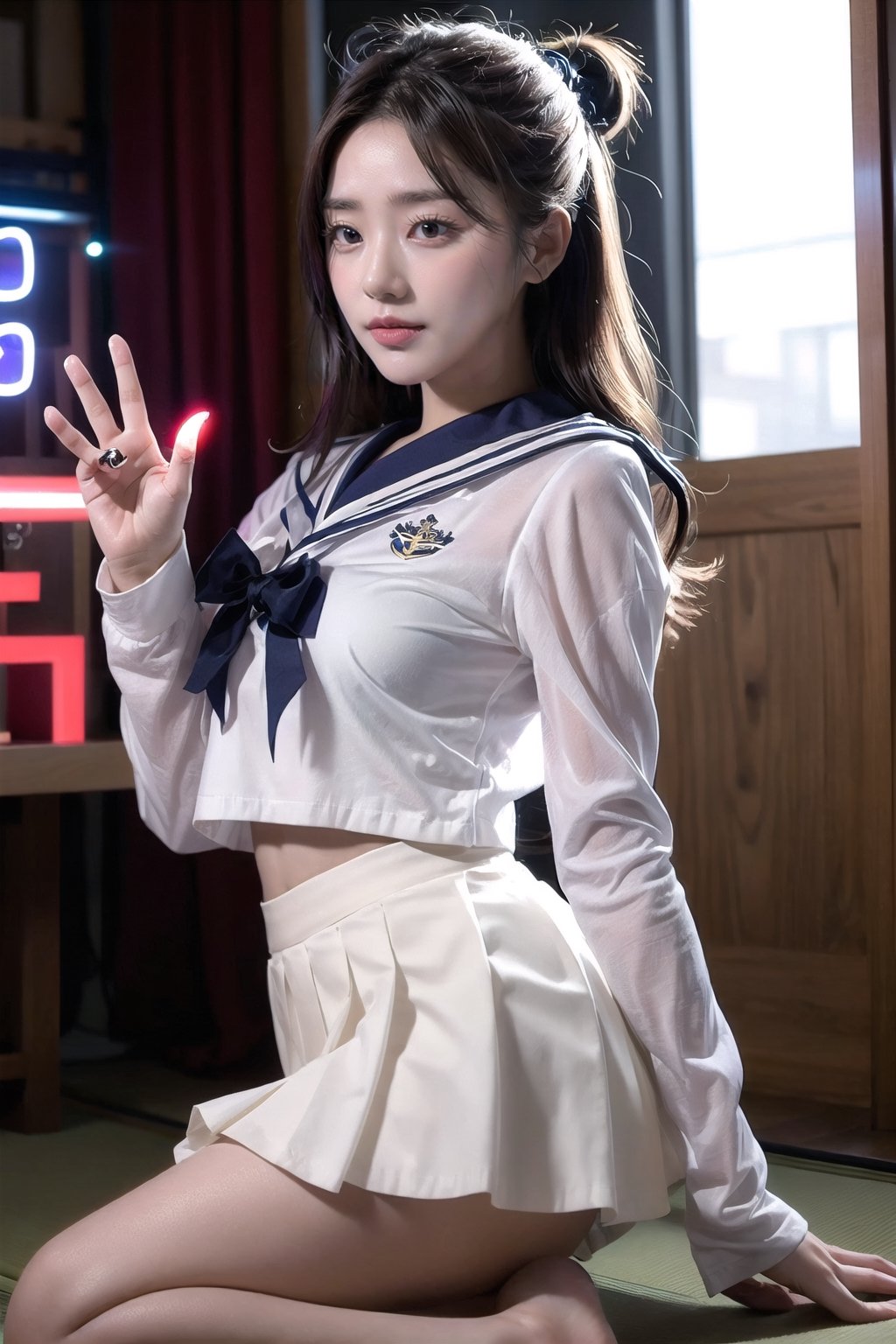 Love Light Wave ~ A beautiful Japanese girl, showing a love gesture, special effects of light-up love, sailor pleated mini skirt,