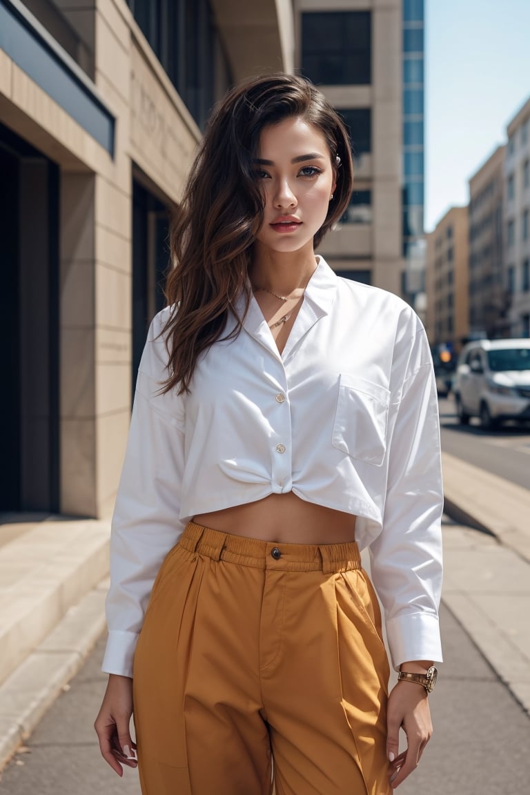 In a modern urban setting, a scientist adorned in the elegance of a pant shirt commands attention with her striking beauty and extraordinary intelligence. With confidence as her armor, she defies traditional gender roles, unraveling the mysteries of the universe while inspiring change and empowerment