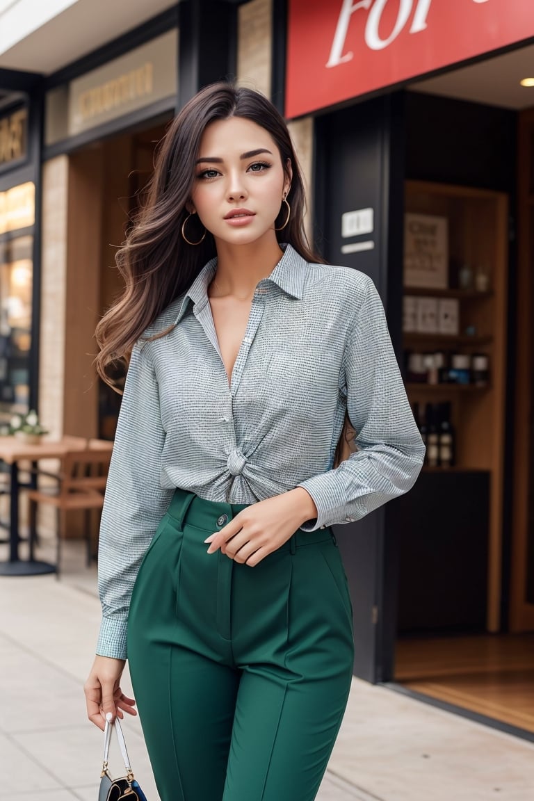 Going to shoping wear a trouser shirt, command attention with her striking beauty and extraordinary intelligence. With confidence, she defies traditional gender roles, unraveling the mysteries of the universe while inspiring change and empowerment, good looking face