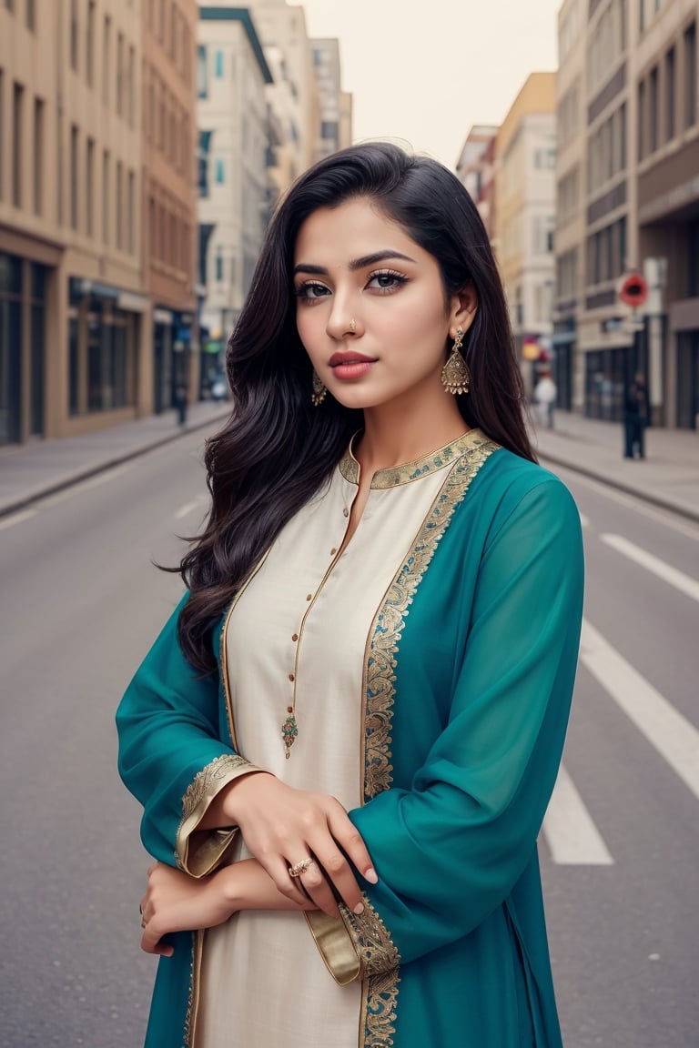 In a modern urban setting, a scientist adorned in the elegance of Black shalwar kameez commands attention with her striking beauty and extraordinary intelligence. With confidence, she defies traditional gender roles, unraveling the mysteries of the universe while inspiring  empowerment, studying