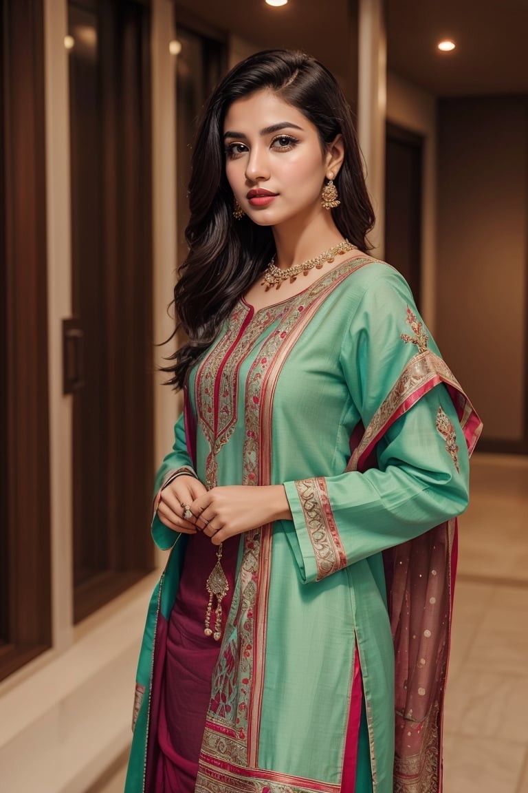 In a modern urban setting, a scientist adorned in the elegance of a shalwar qameez commands attention with her striking beauty and extraordinary intelligence. With confidence as her armor, she defies traditional gender roles, unraveling the mysteries of the universe while inspiring change and empowerment