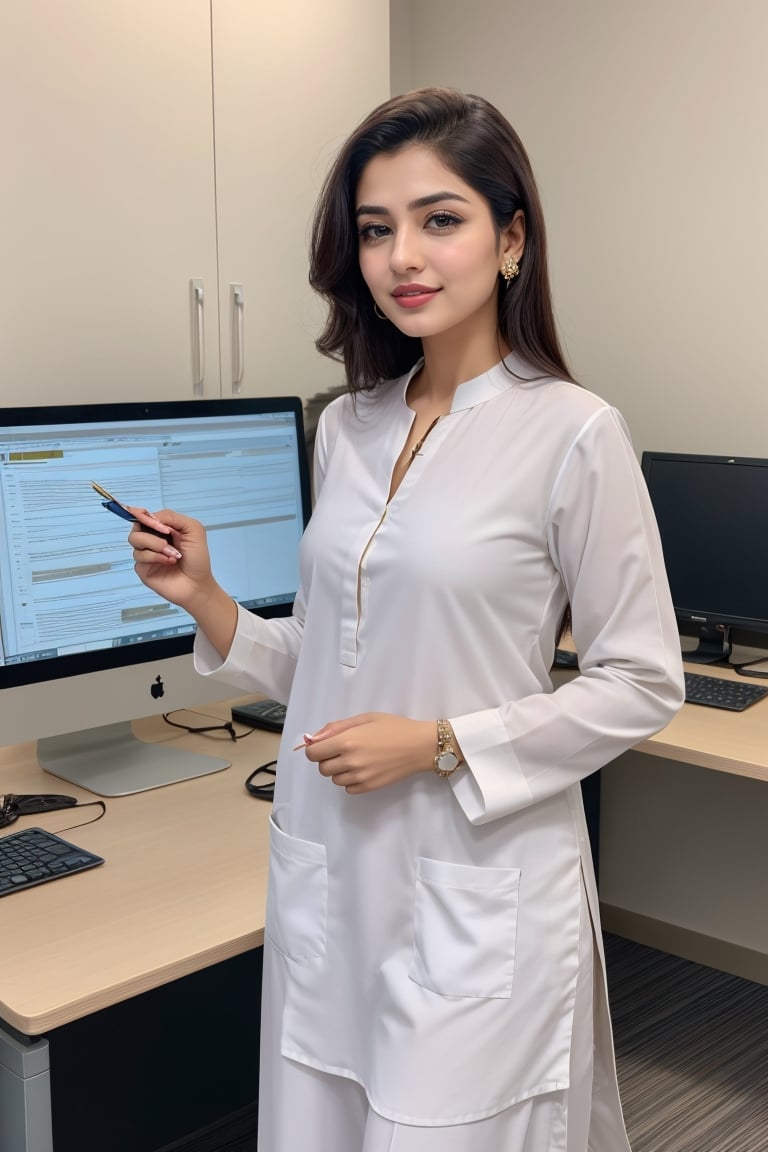 working in office white, a scientist adorned in the elegance of a white shalwar qameez commands attention with her striking beauty and extraordinary intelligence. With confidence as her armor, she defies traditional gender roles, unraveling the mysteries of the universe while inspiring change and empowerment